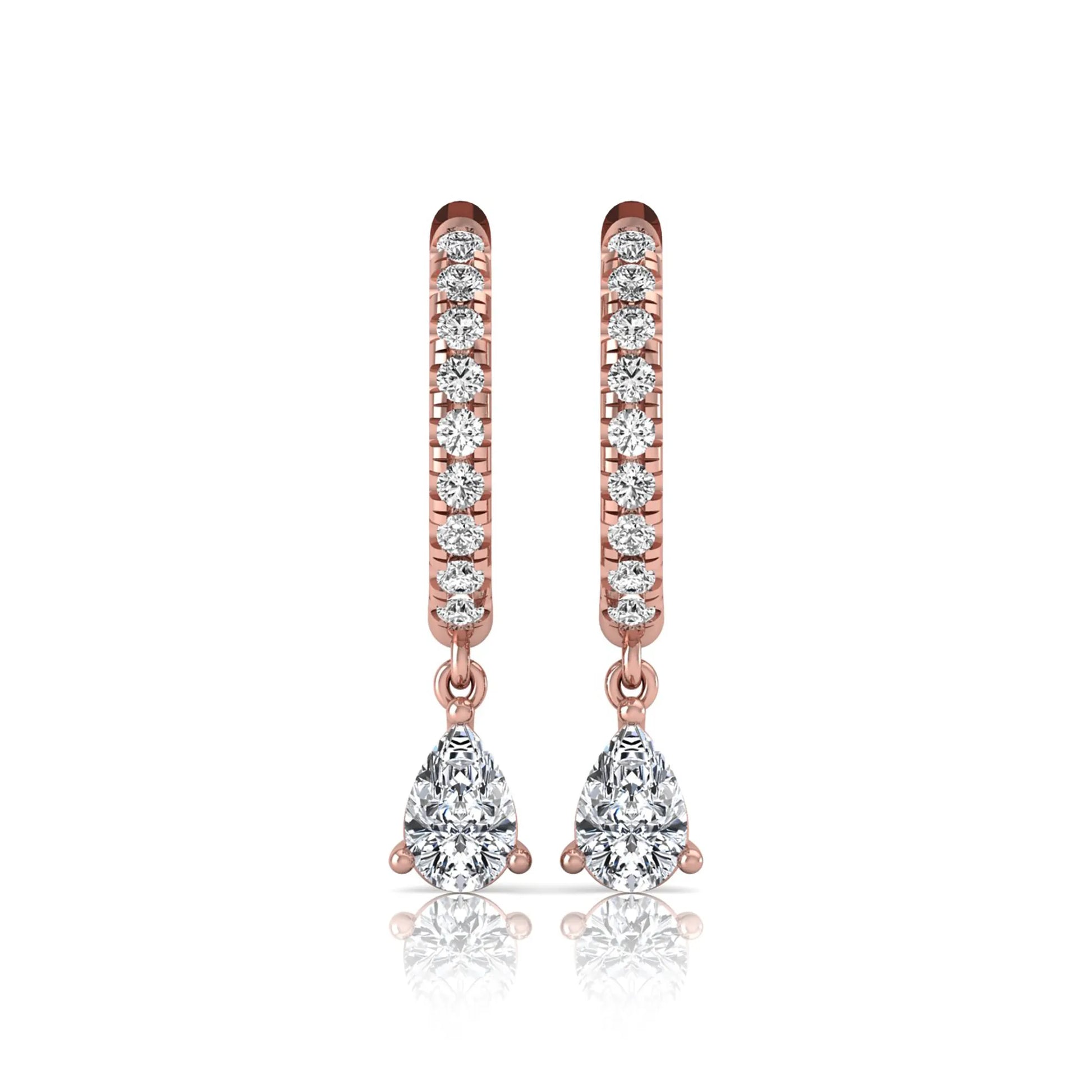 Round and pear cut lab grown diamond pavé drop huggie hoop earrings featuring a sparkling pear diamond drop, round pavé diamonds, hinged snap closure, and polished rose gold finish.