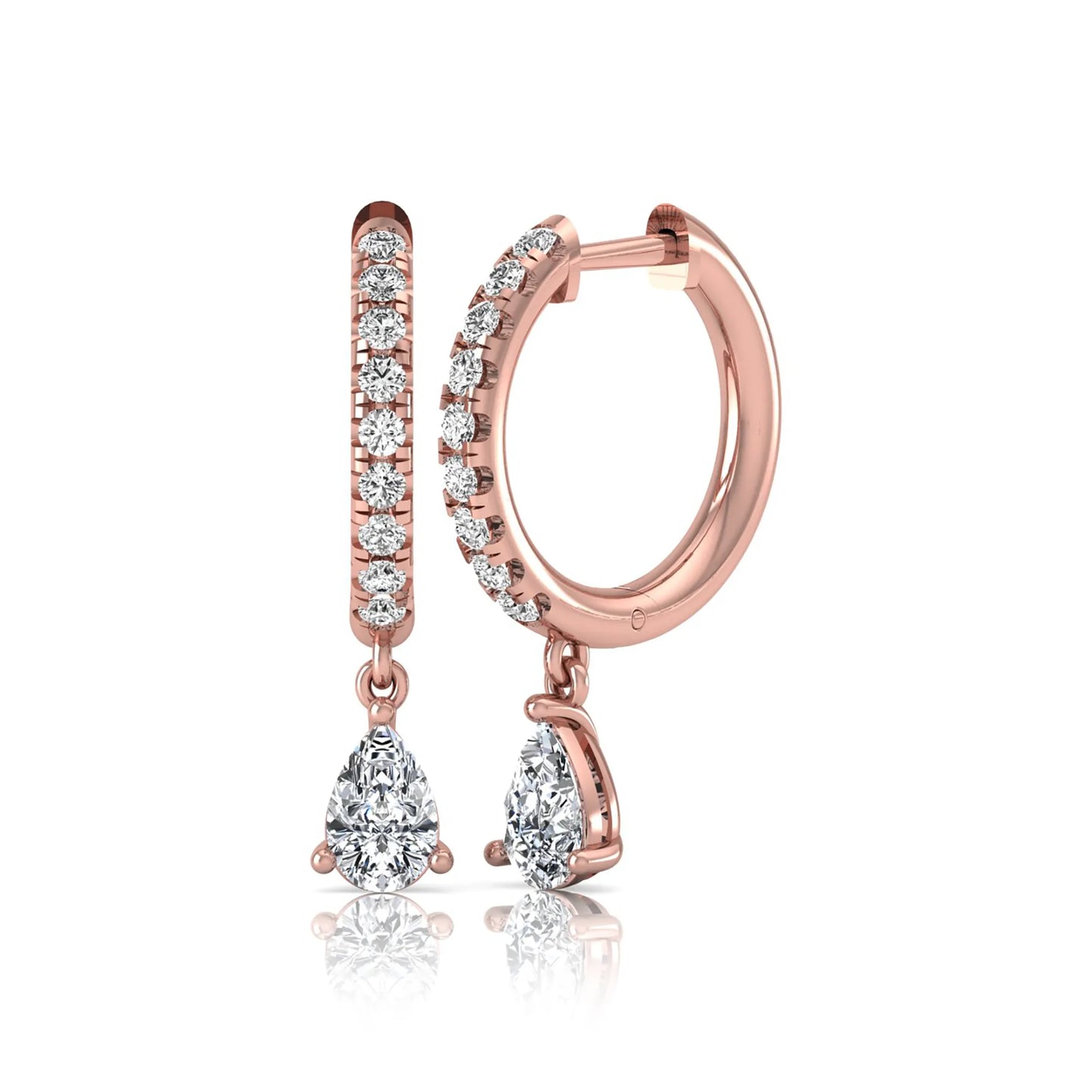 Round and pear cut lab grown diamond pavé drop huggie hoop earrings featuring a sparkling pear diamond drop, round pavé diamonds, hinged snap closure, and polished rose gold finish.