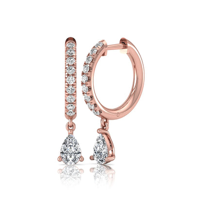 Round and pear cut lab grown diamond pavé drop huggie hoop earrings featuring a sparkling pear diamond drop, round pavé diamonds, hinged snap closure, and polished rose gold finish.