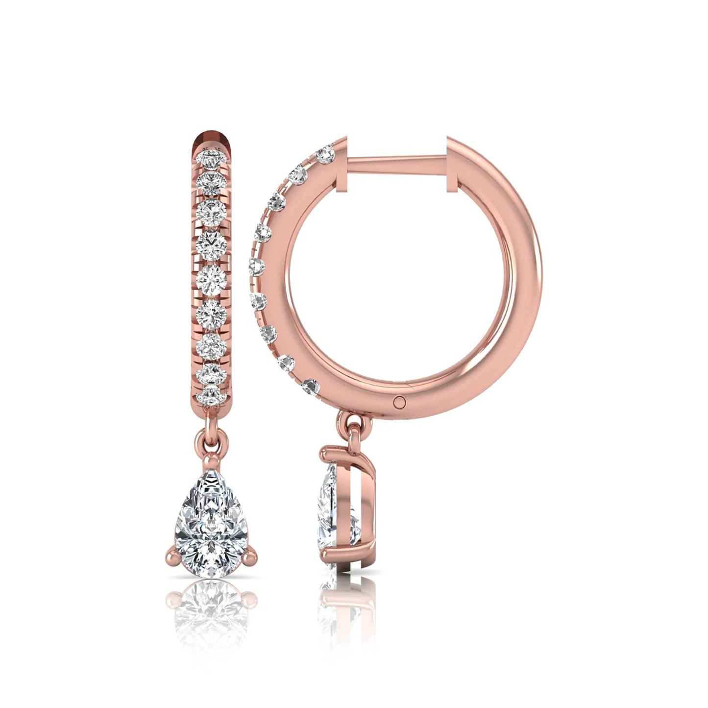Round and pear cut lab grown diamond pavé drop huggie hoop earrings featuring a sparkling pear diamond drop, round pavé diamonds, hinged snap closure, and polished rose gold finish.