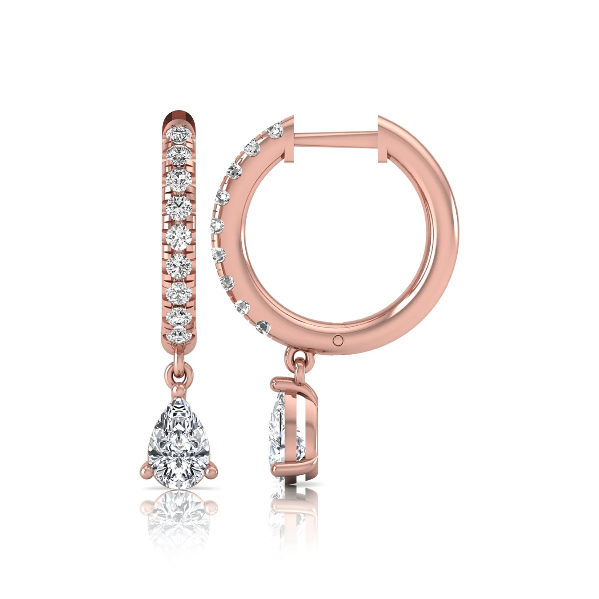 Round and pear cut lab grown diamond pavé drop huggie hoop earrings featuring a sparkling pear diamond drop, round pavé diamonds, hinged snap closure, and polished rose gold finish.