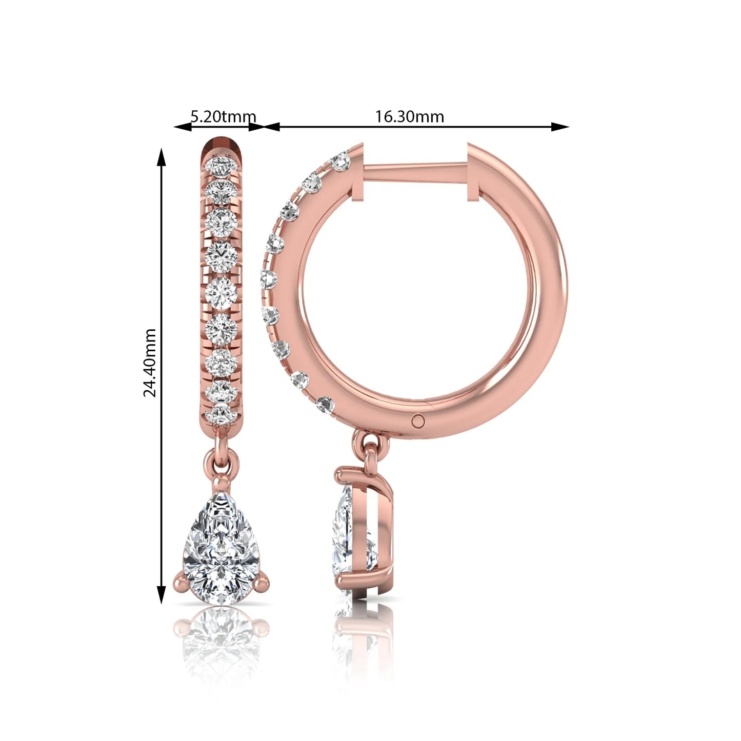 Round and pear cut lab grown diamond pavé drop huggie hoop earrings featuring a sparkling pear diamond drop, round pavé diamonds, hinged snap closure, and polished rose gold finish.
