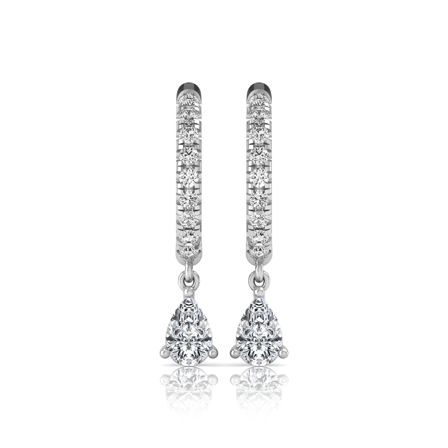 Round and pear cut lab grown diamond pavé drop huggie hoop earrings featuring a sparkling pear diamond drop, round pavé diamonds, hinged snap closure, and polished white gold finish.