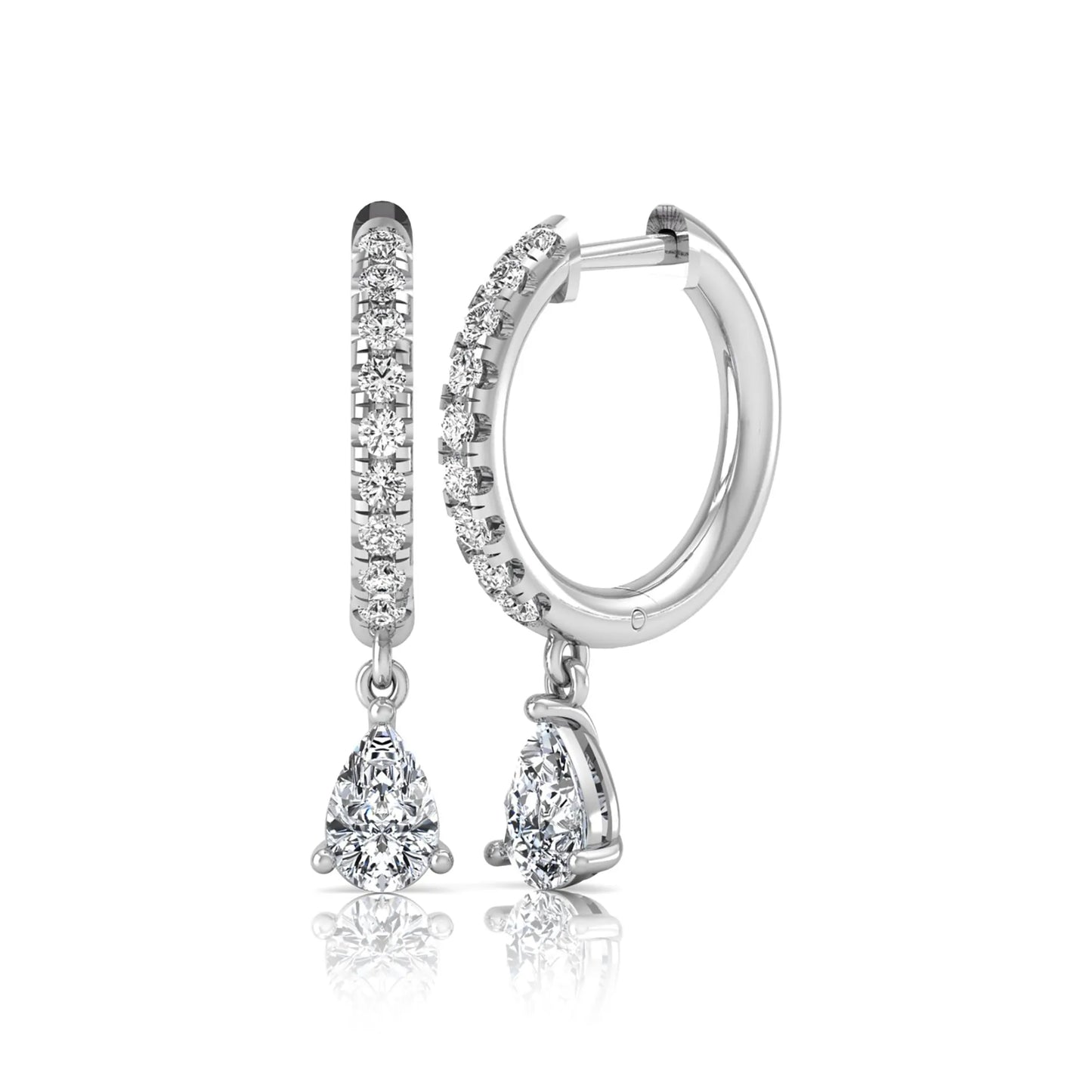Round and pear cut lab grown diamond pavé drop huggie hoop earrings featuring a sparkling pear diamond drop, round pavé diamonds, hinged snap closure, and polished white gold finish.