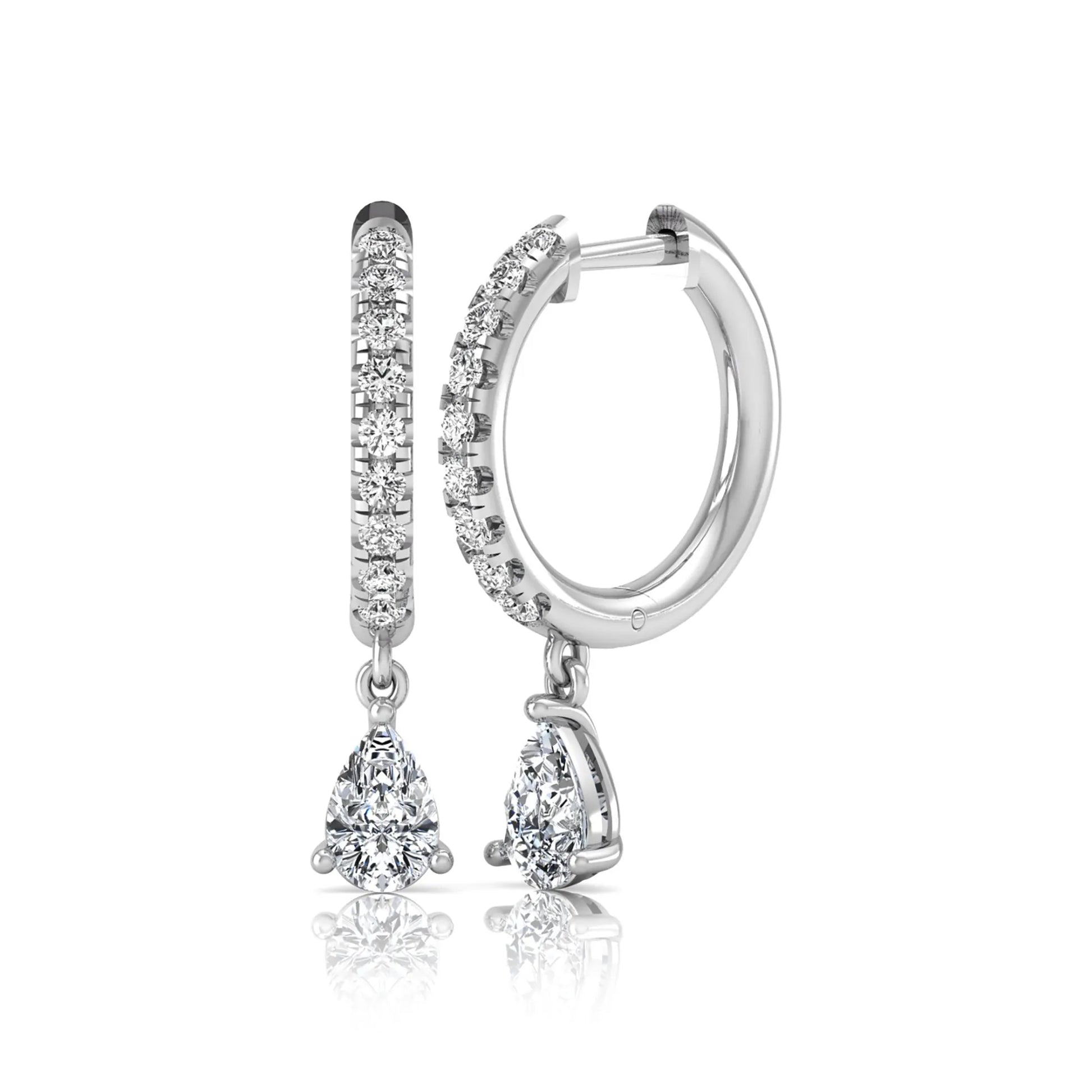 Round and pear cut lab grown diamond pavé drop huggie hoop earrings featuring a sparkling pear diamond drop, round pavé diamonds, hinged snap closure, and polished white gold finish.