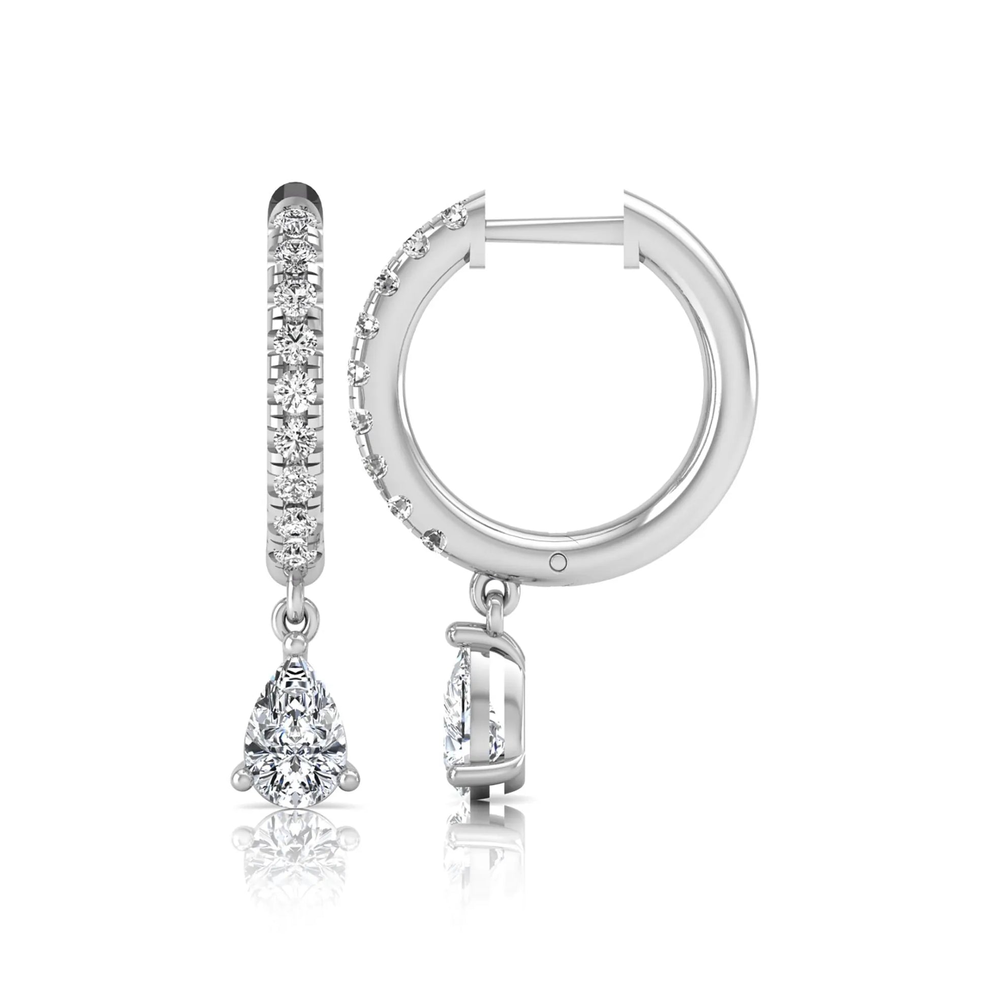 Round and pear cut lab grown diamond pavé drop huggie hoop earrings featuring a sparkling pear diamond drop, round pavé diamonds, hinged snap closure, and polished white gold finish.