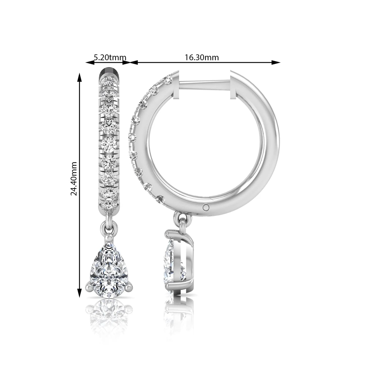 Round and pear cut lab grown diamond pavé drop huggie hoop earrings featuring a sparkling pear diamond drop, round pavé diamonds, hinged snap closure, and polished white gold finish.