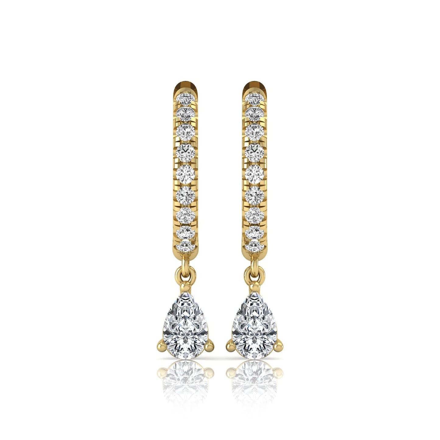 Round and pear cut lab grown diamond pavé drop huggie hoop earrings featuring a sparkling pear diamond drop, round pavé diamonds, hinged snap closure, and polished yellow gold finish.