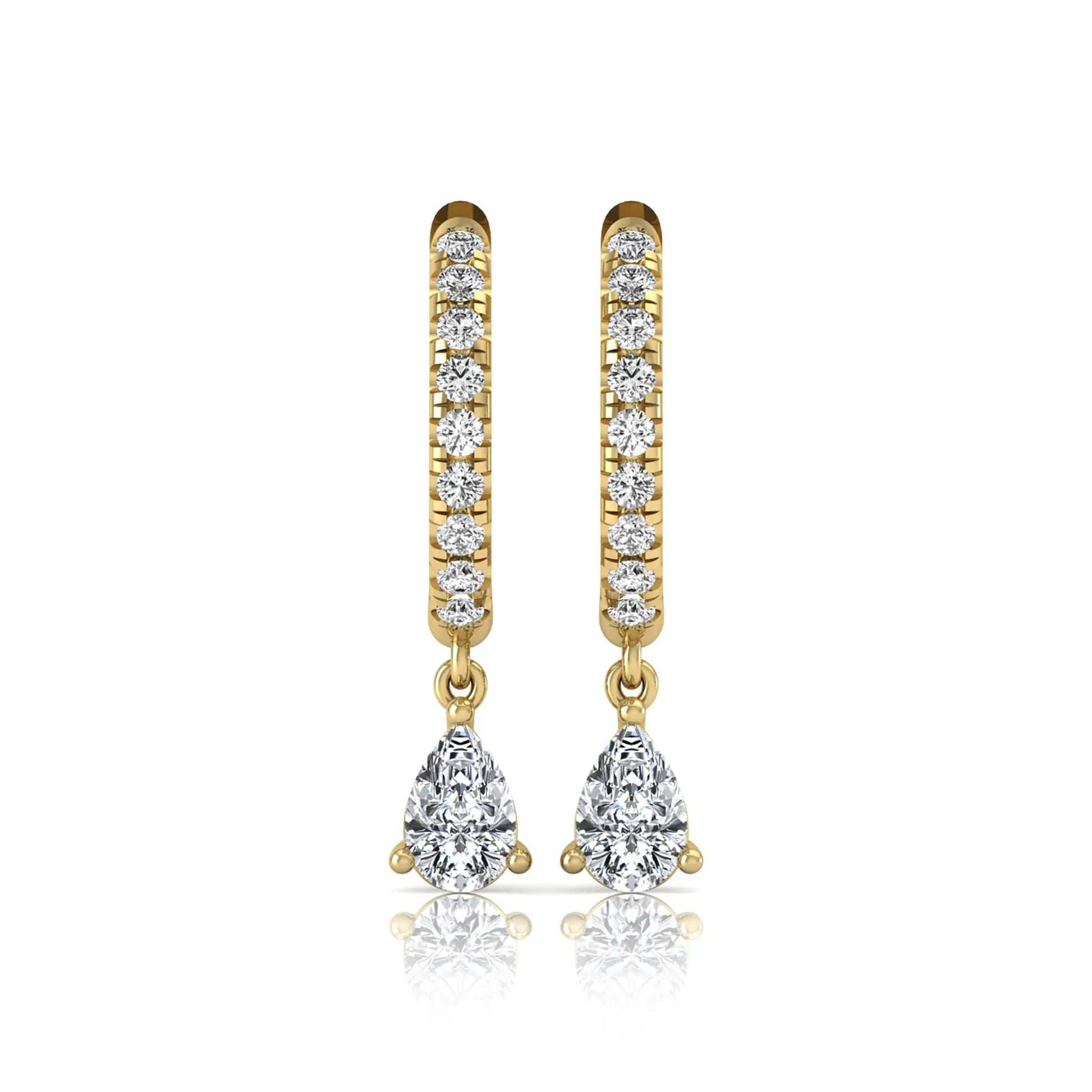 Round and pear cut lab grown diamond pavé drop huggie hoop earrings featuring a sparkling pear diamond drop, round pavé diamonds, hinged snap closure, and polished yellow gold finish.