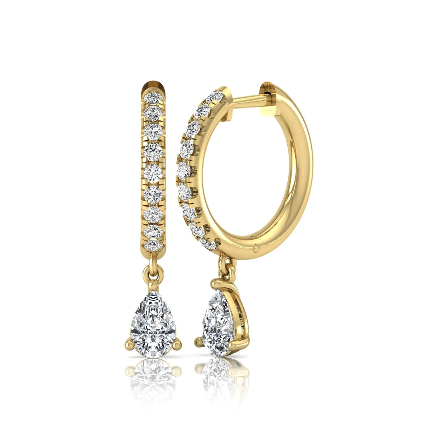 Round and pear cut lab grown diamond pavé drop huggie hoop earrings featuring a sparkling pear diamond drop, round pavé diamonds, hinged snap closure, and polished yellow gold finish.