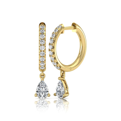 Round and pear cut lab grown diamond pavé drop huggie hoop earrings featuring a sparkling pear diamond drop, round pavé diamonds, hinged snap closure, and polished yellow gold finish.