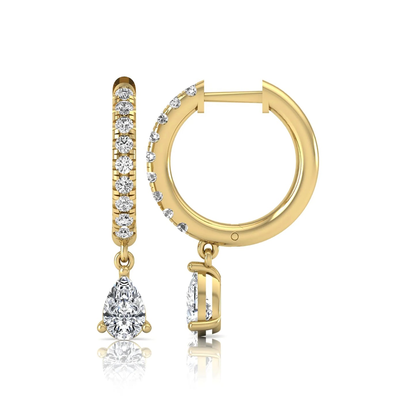 Round and pear cut lab grown diamond pavé drop huggie hoop earrings featuring a sparkling pear diamond drop, round pavé diamonds, hinged snap closure, and polished yellow gold finish.