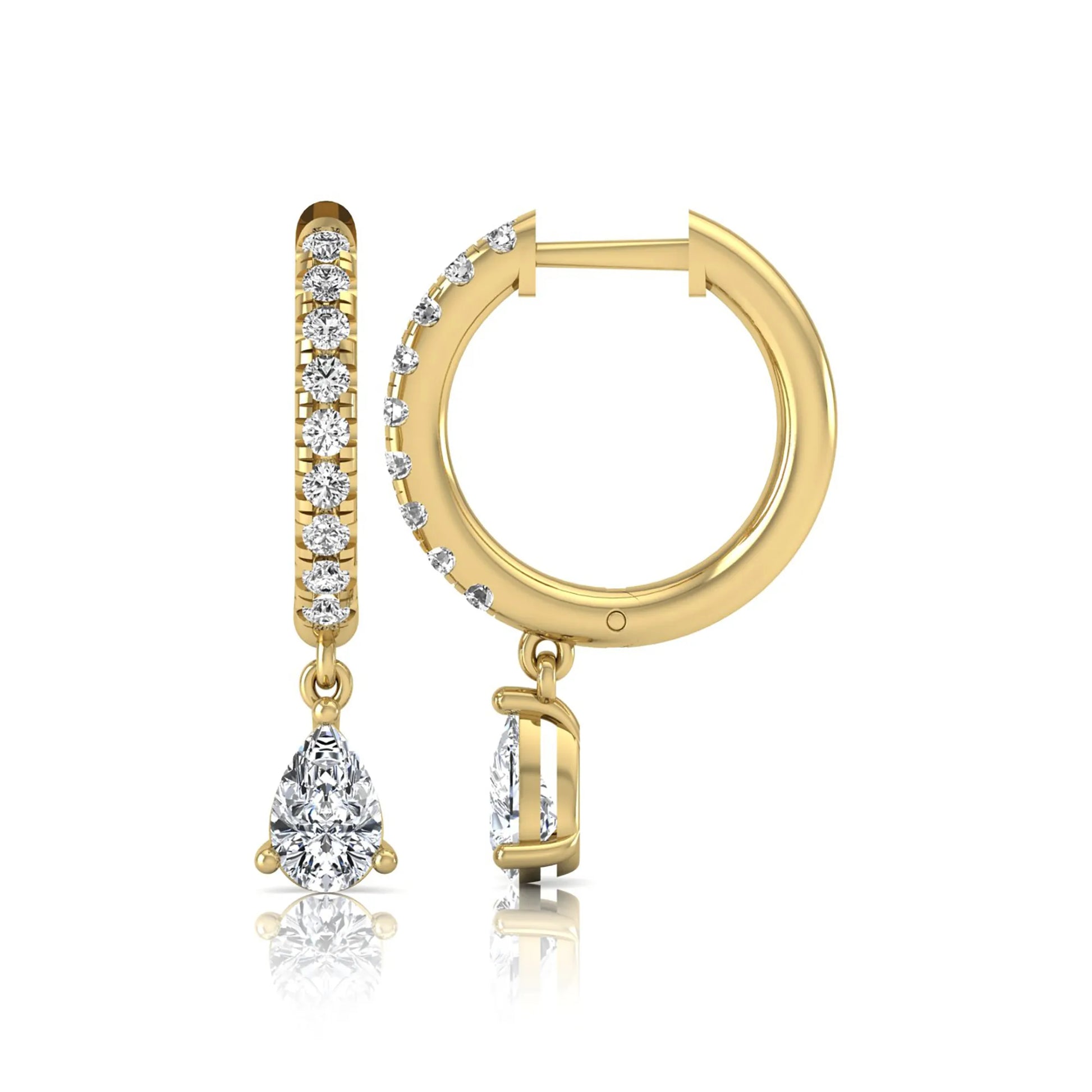Round and pear cut lab grown diamond pavé drop huggie hoop earrings featuring a sparkling pear diamond drop, round pavé diamonds, hinged snap closure, and polished yellow gold finish.