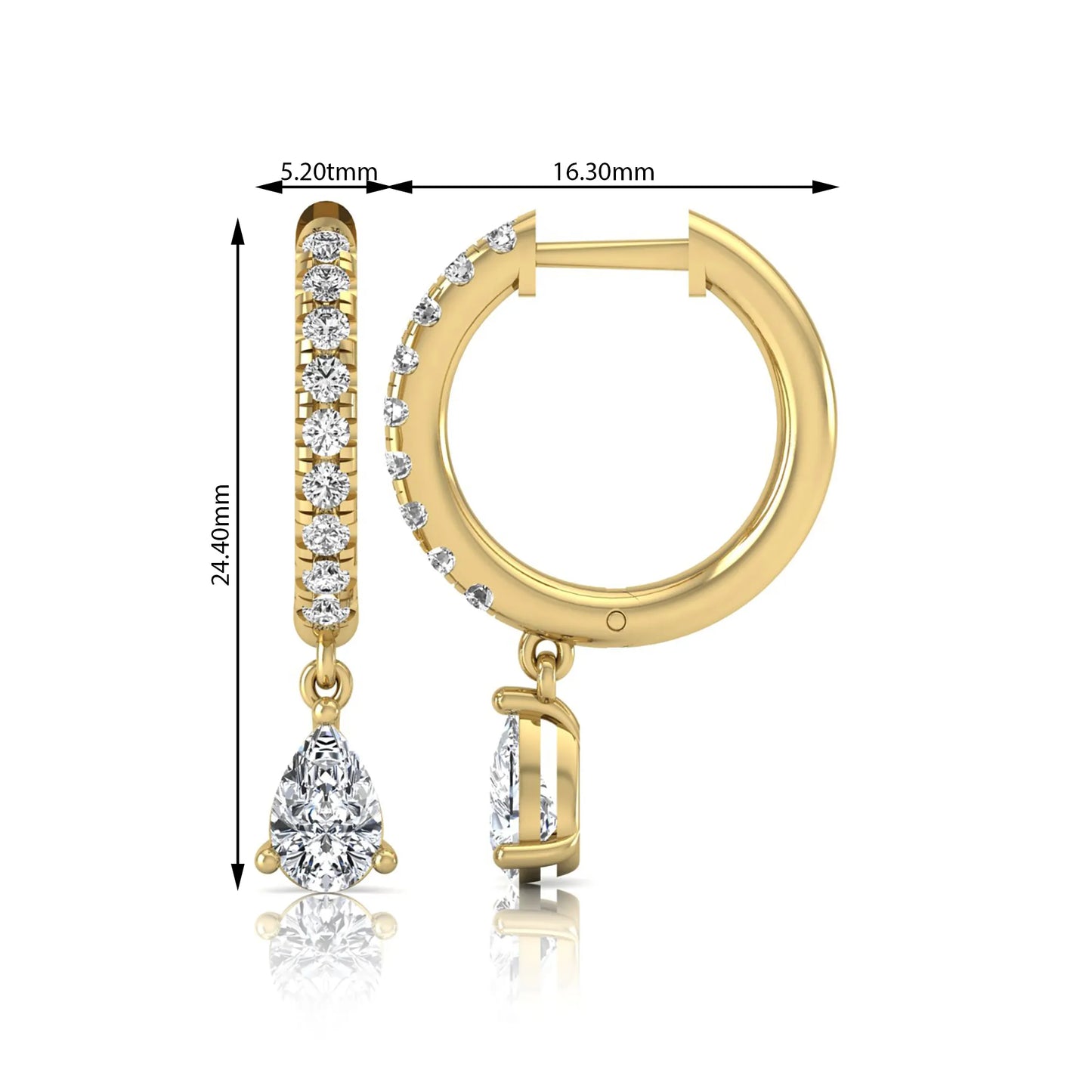 Round and pear cut lab grown diamond pavé drop huggie hoop earrings featuring a sparkling pear diamond drop, round pavé diamonds, hinged snap closure, and polished yellow gold finish.