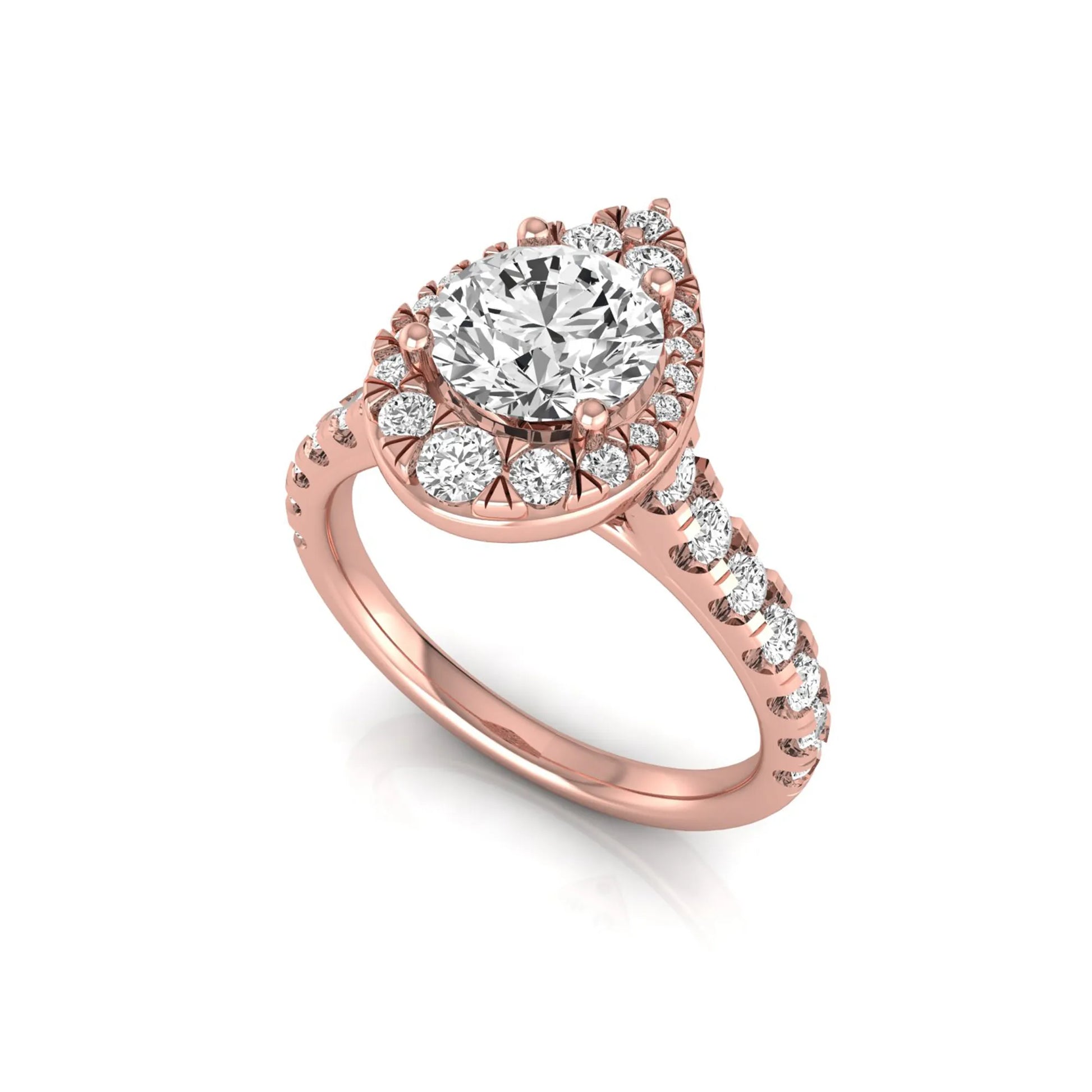 Round cut lab grown diamond engagement ring with a pear-shaped halo of round diamonds, pavé side stones, and a rose gold style band.