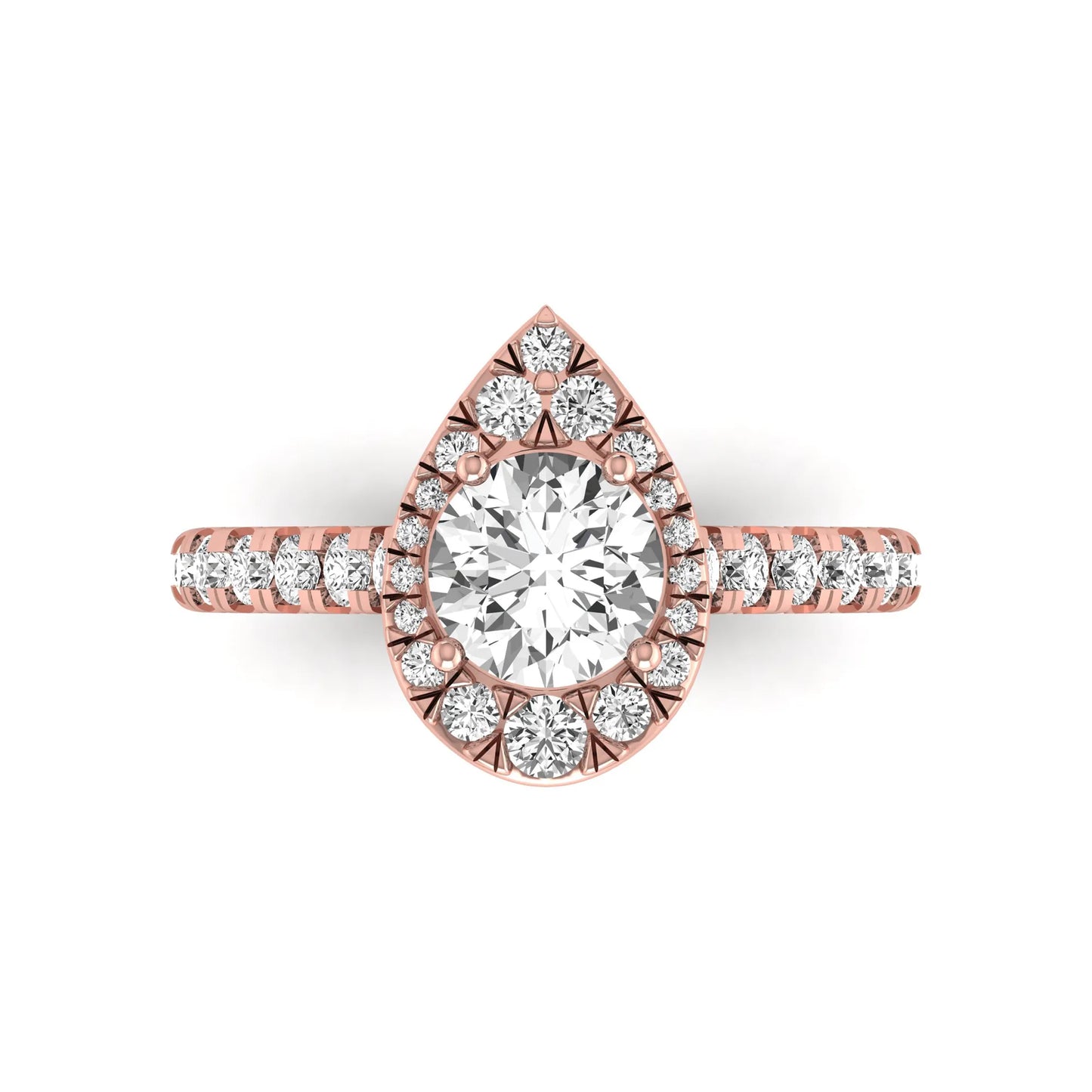 Round cut lab grown diamond engagement ring with a pear-shaped halo of round diamonds, pavé side stones, and a rose gold style band.