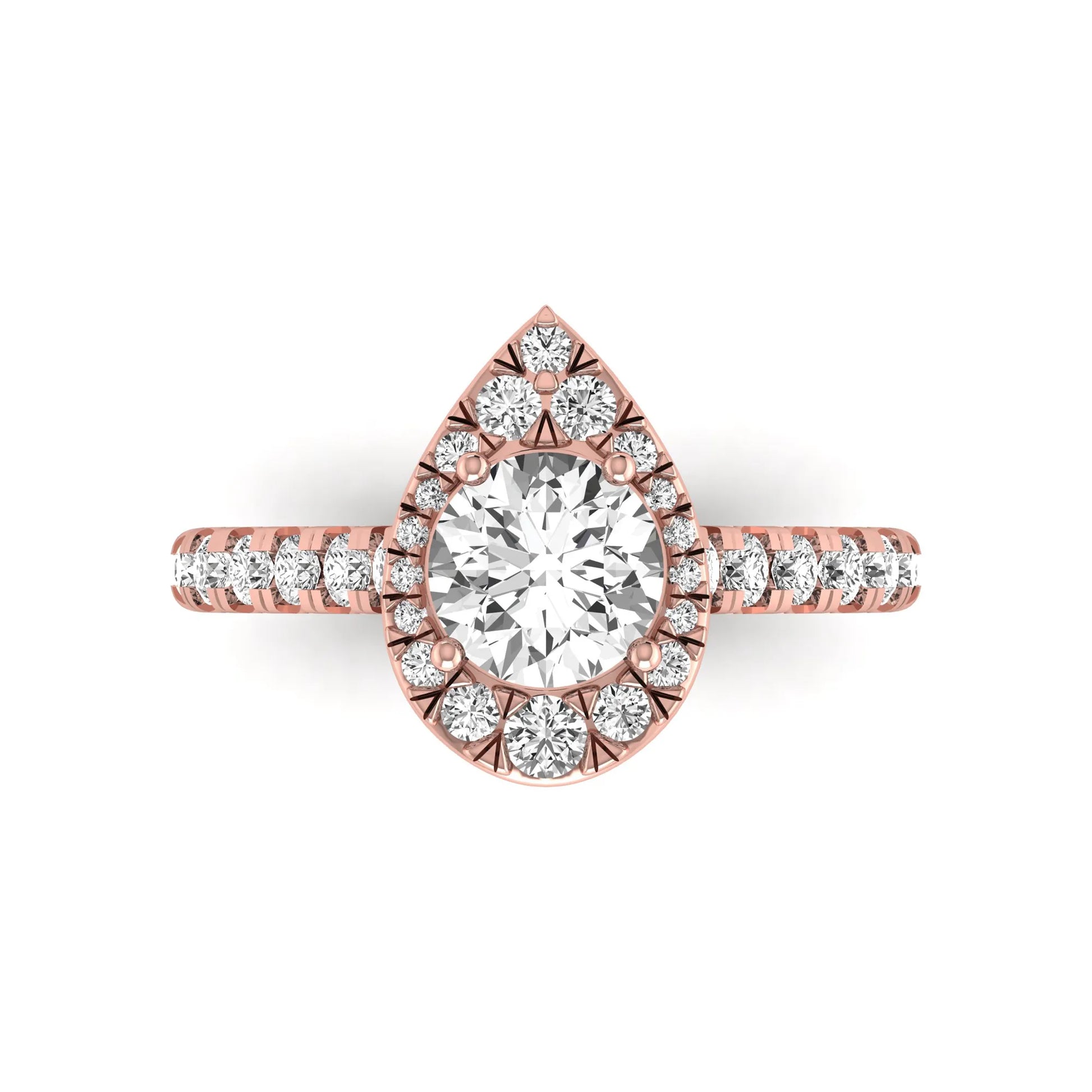 Round cut lab grown diamond engagement ring with a pear-shaped halo of round diamonds, pavé side stones, and a rose gold style band.