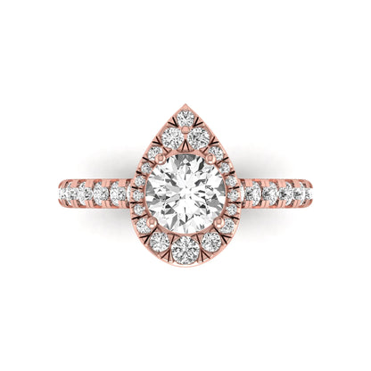 Round cut lab grown diamond engagement ring with a pear-shaped halo of round diamonds, pavé side stones, and a rose gold style band.