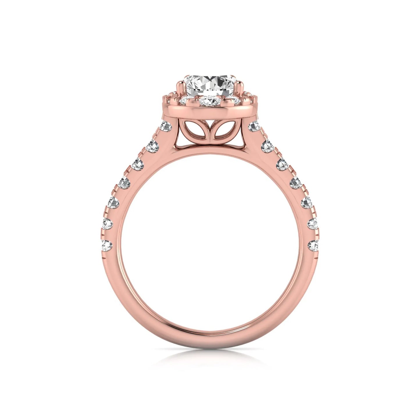 Round cut lab grown diamond engagement ring with a pear-shaped halo of round diamonds, pavé side stones, and a rose gold style band.