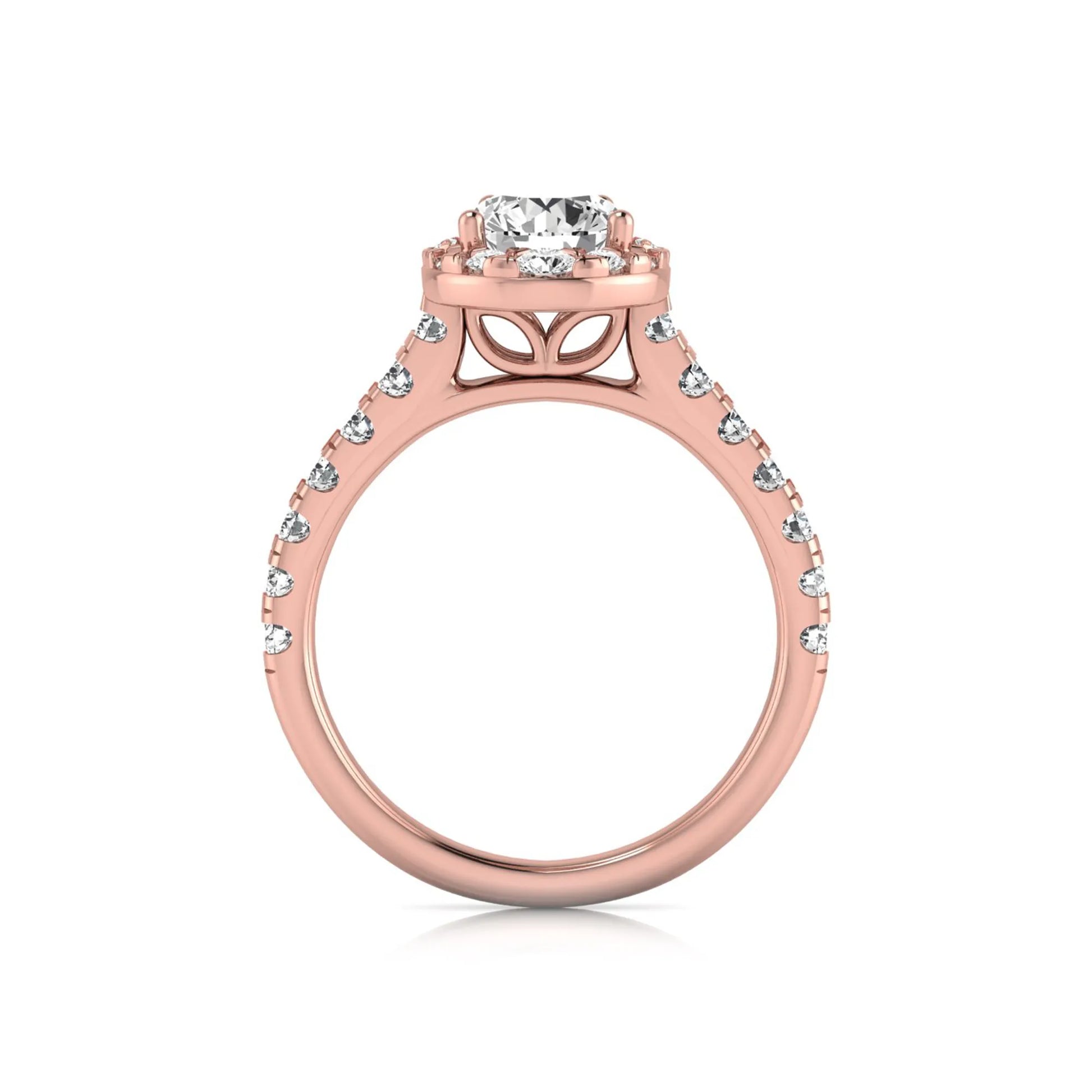 Round cut lab grown diamond engagement ring with a pear-shaped halo of round diamonds, pavé side stones, and a rose gold style band.