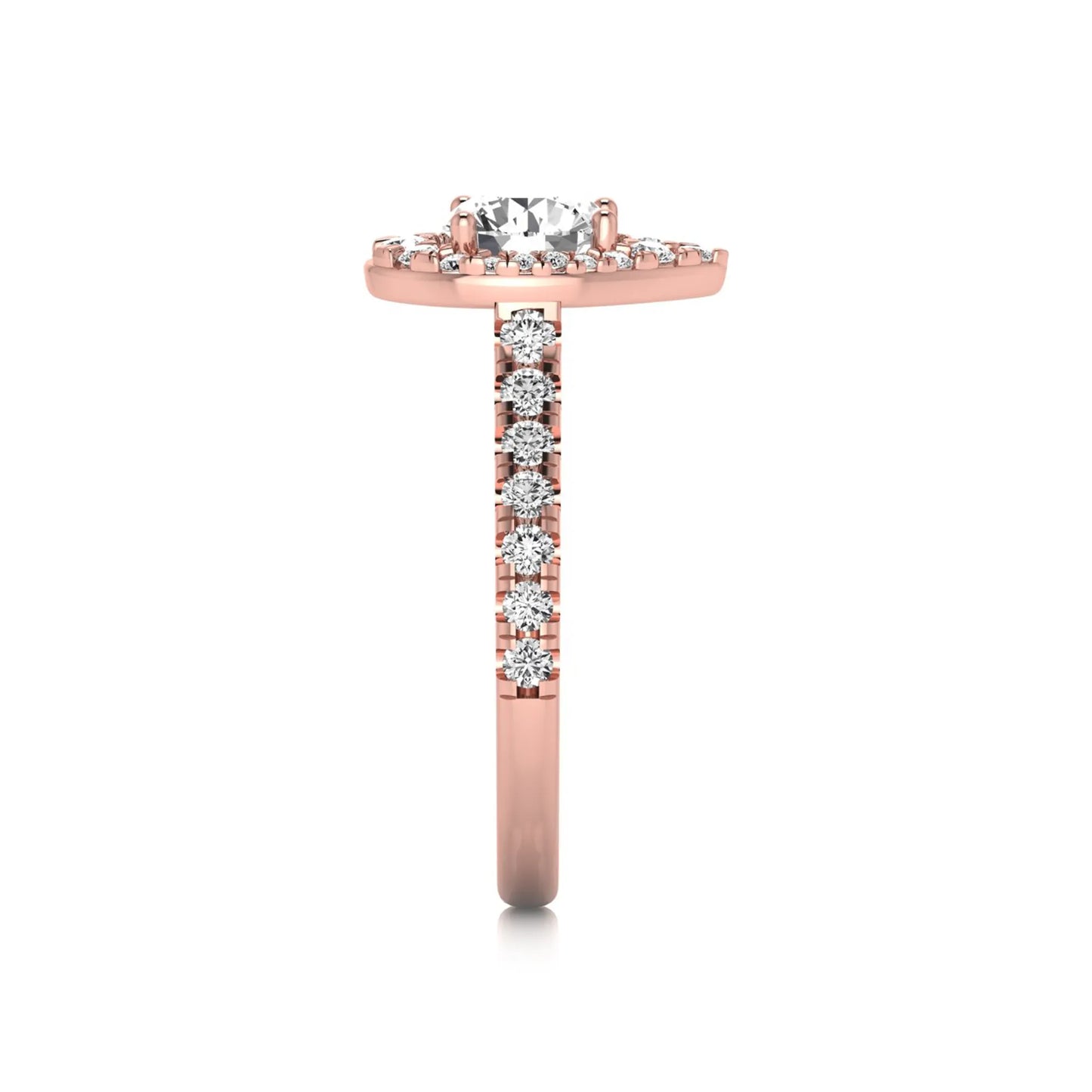 Round cut lab grown diamond engagement ring with a pear-shaped halo of round diamonds, pavé side stones, and a rose gold style band.