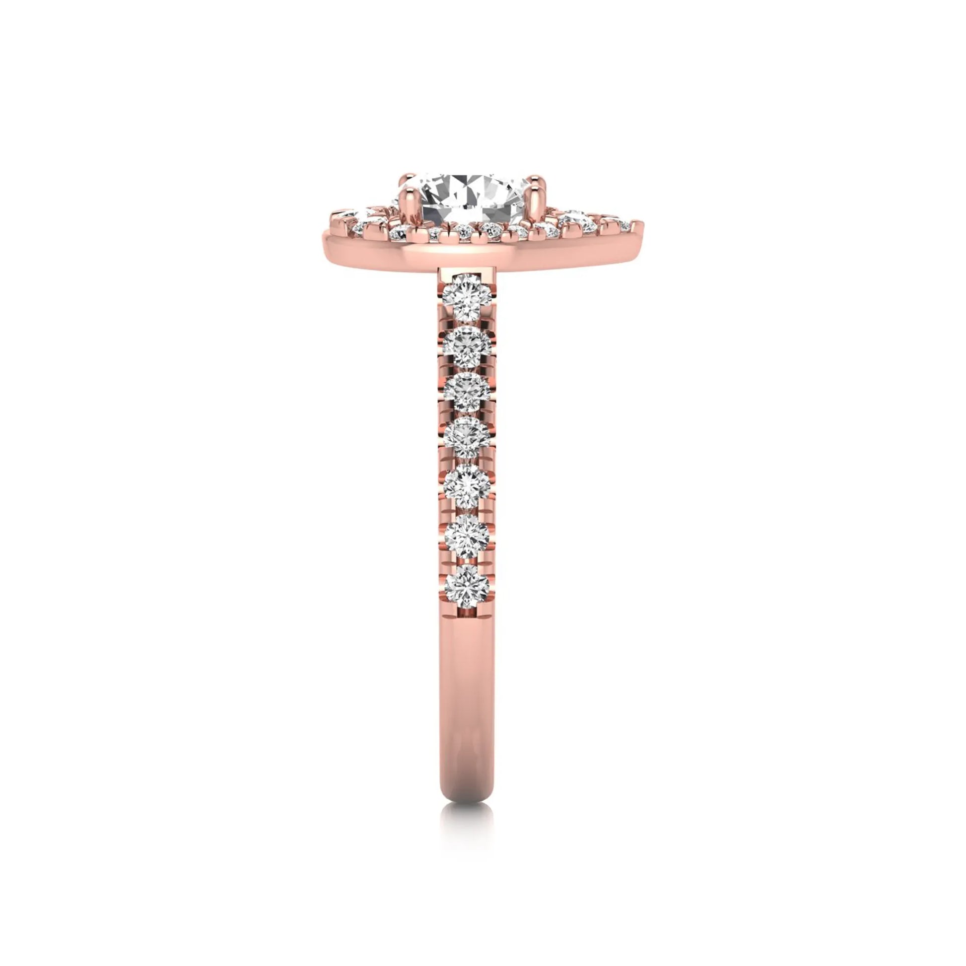 Round cut lab grown diamond engagement ring with a pear-shaped halo of round diamonds, pavé side stones, and a rose gold style band.