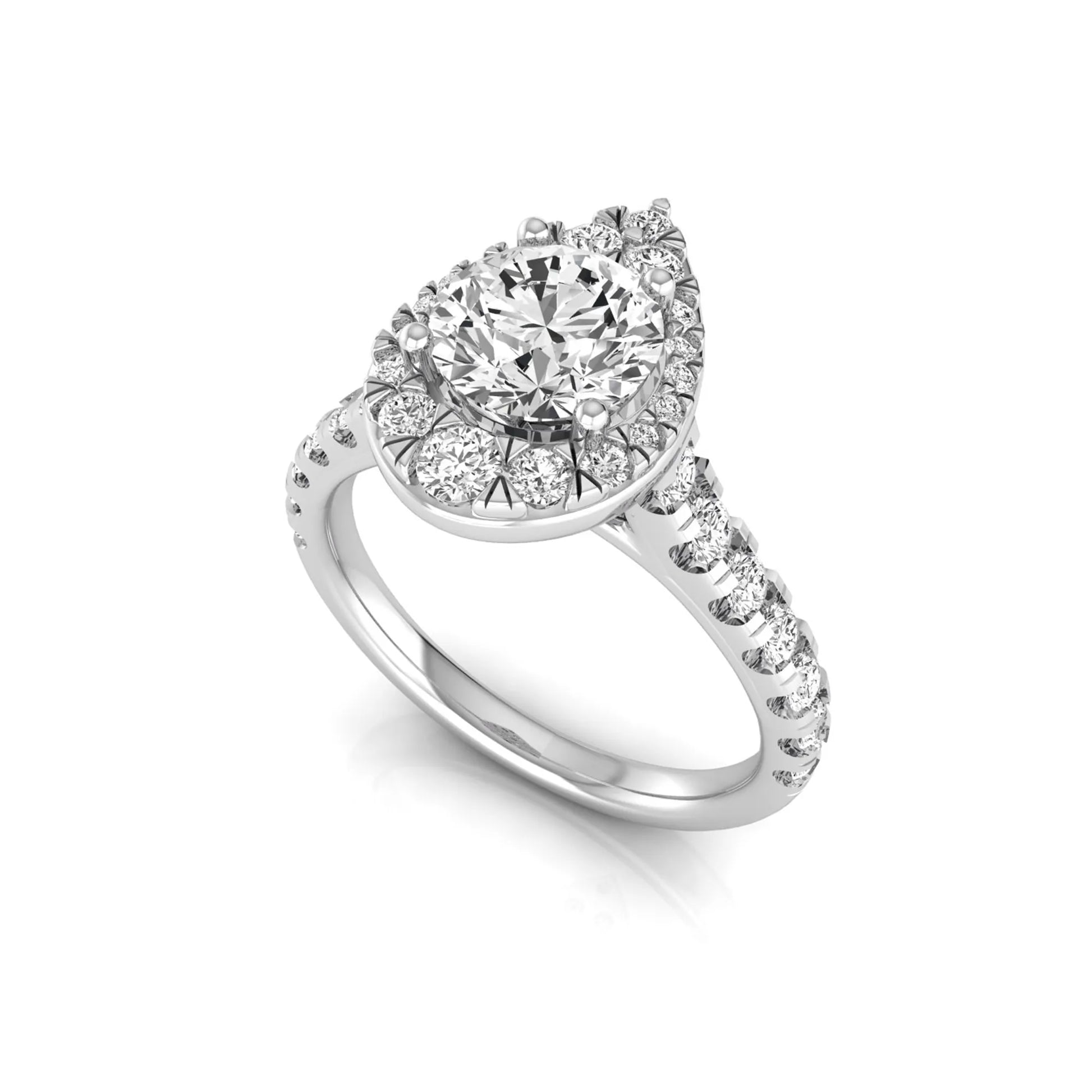 Round cut lab grown diamond engagement ring with a pear-shaped halo of round diamonds, pavé side stones, and a white gold style band.