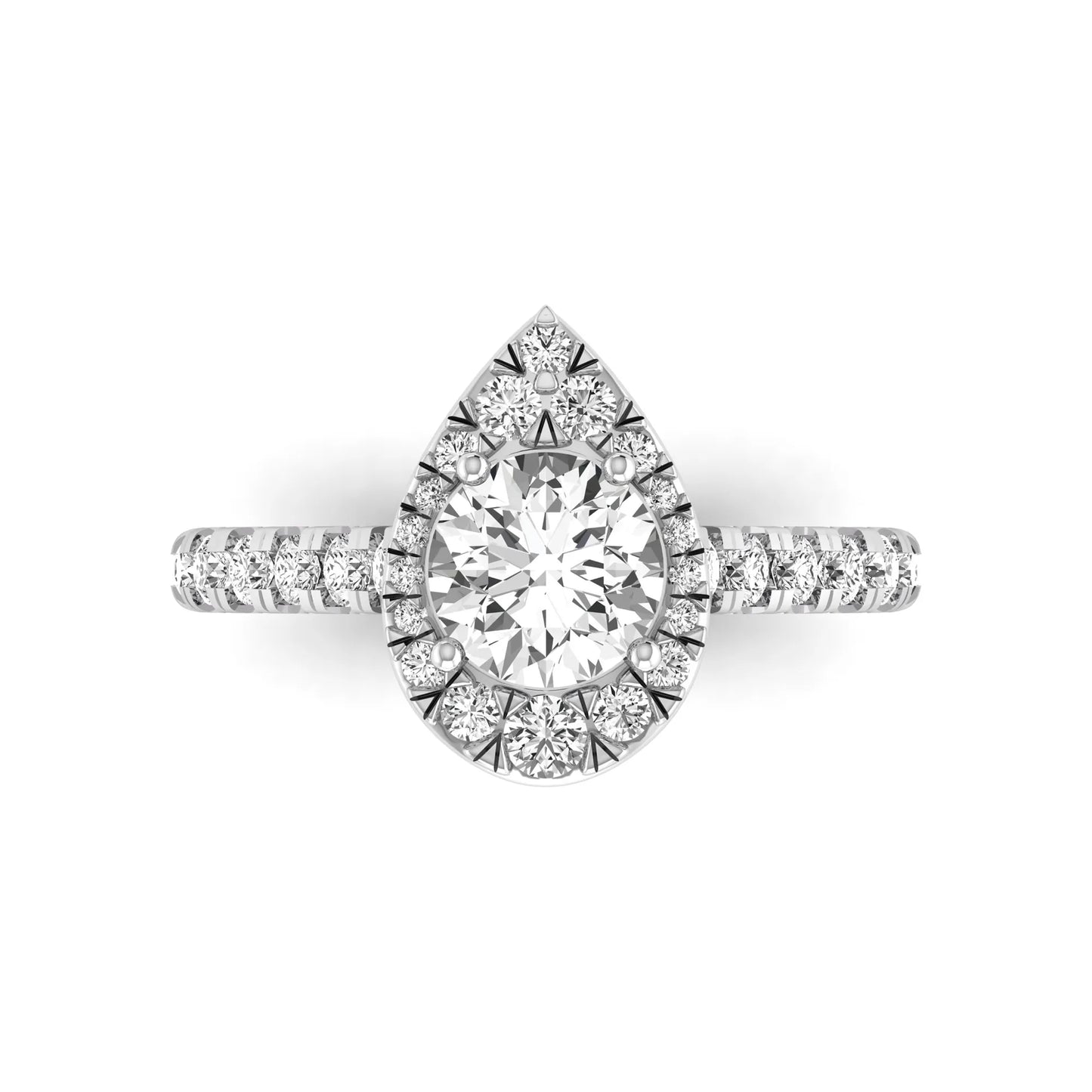 Round cut lab grown diamond engagement ring with a pear-shaped halo of round diamonds, pavé side stones, and a white gold style band.