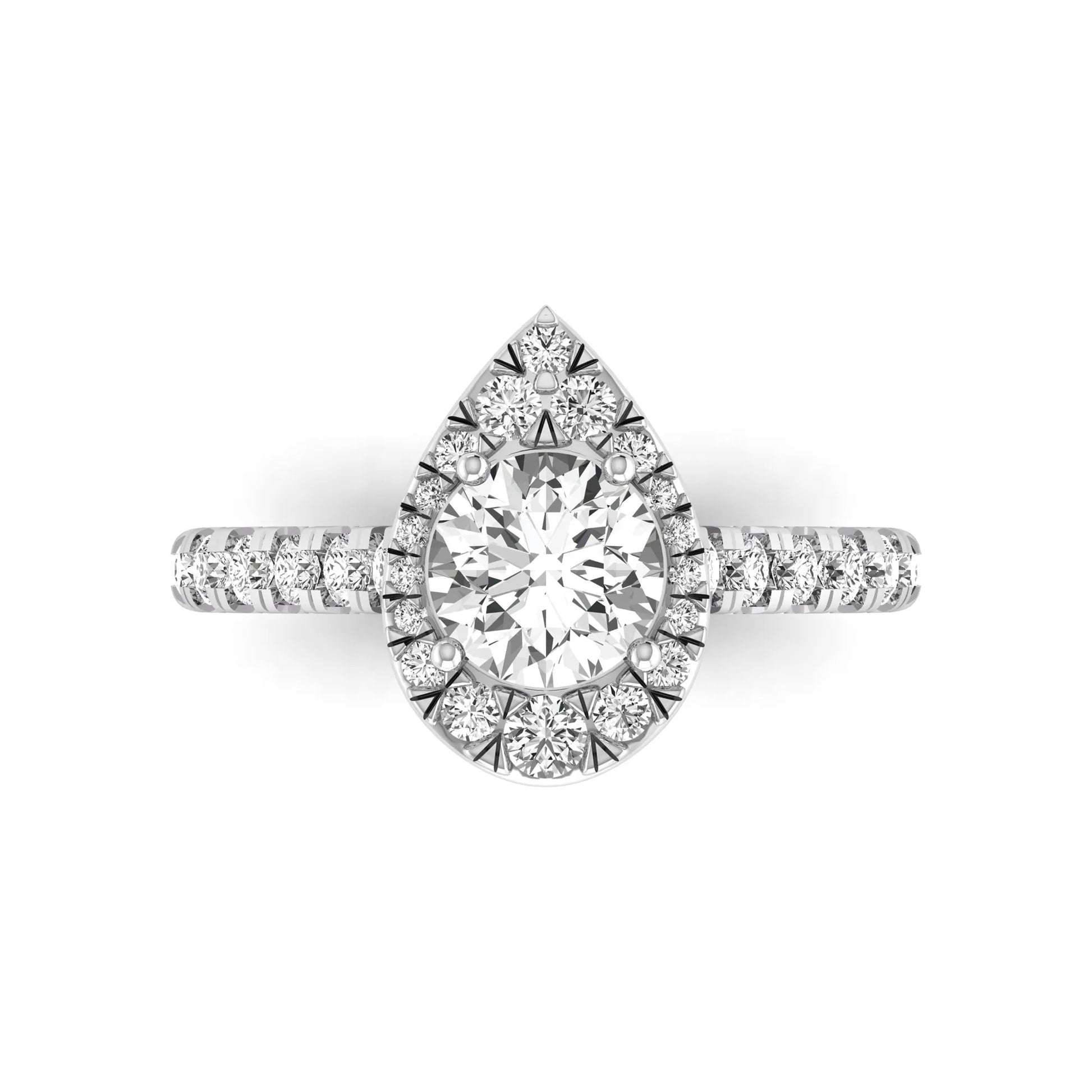 Round cut lab grown diamond engagement ring with a pear-shaped halo of round diamonds, pavé side stones, and a white gold style band.