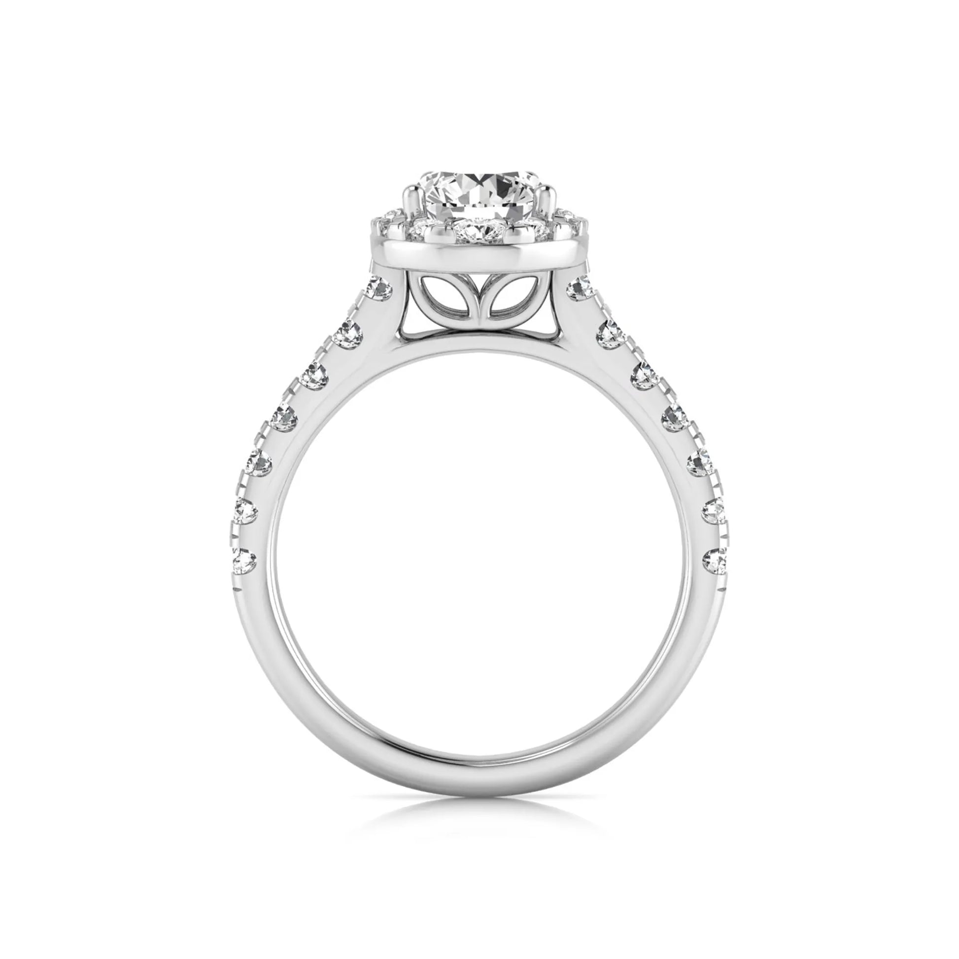 Round cut lab grown diamond engagement ring with a pear-shaped halo of round diamonds, pavé side stones, and a white gold style band.