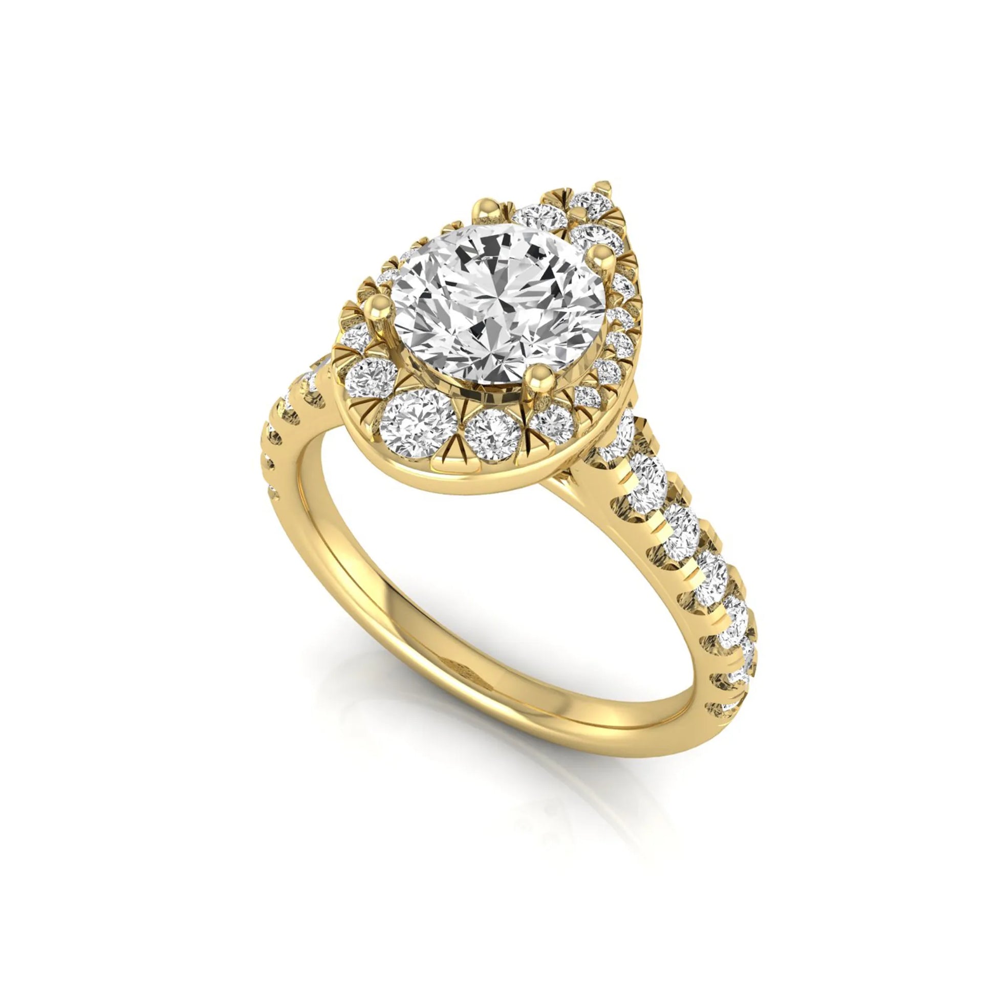 Round cut lab grown diamond engagement ring with a pear-shaped halo of round diamonds, pavé side stones, and a yellow gold style band.