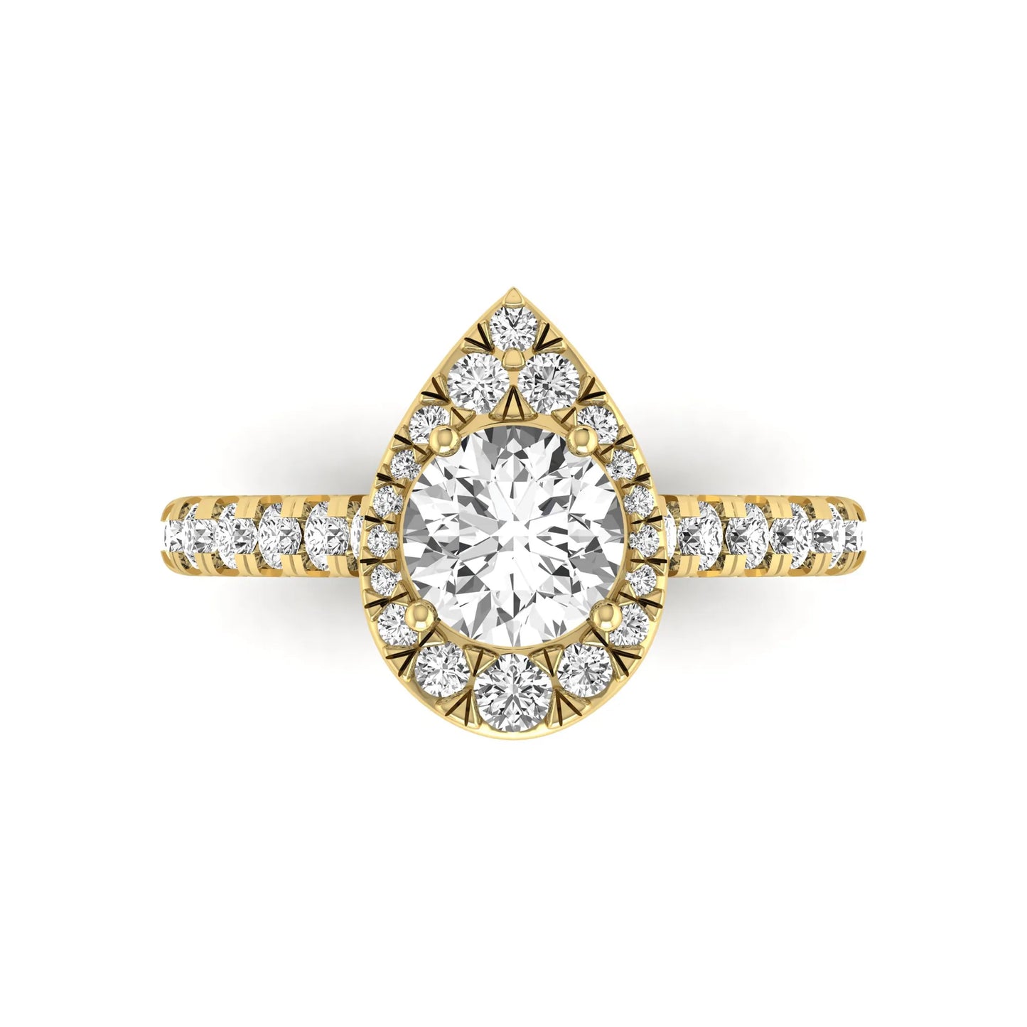 Round cut lab grown diamond engagement ring with a pear-shaped halo of round diamonds, pavé side stones, and a yellow gold style band.