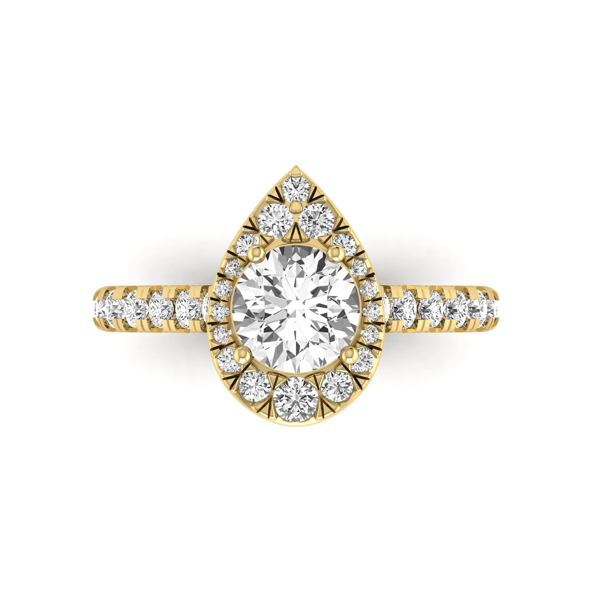 Round cut lab grown diamond engagement ring with a pear-shaped halo of round diamonds, pavé side stones, and a yellow gold style band.