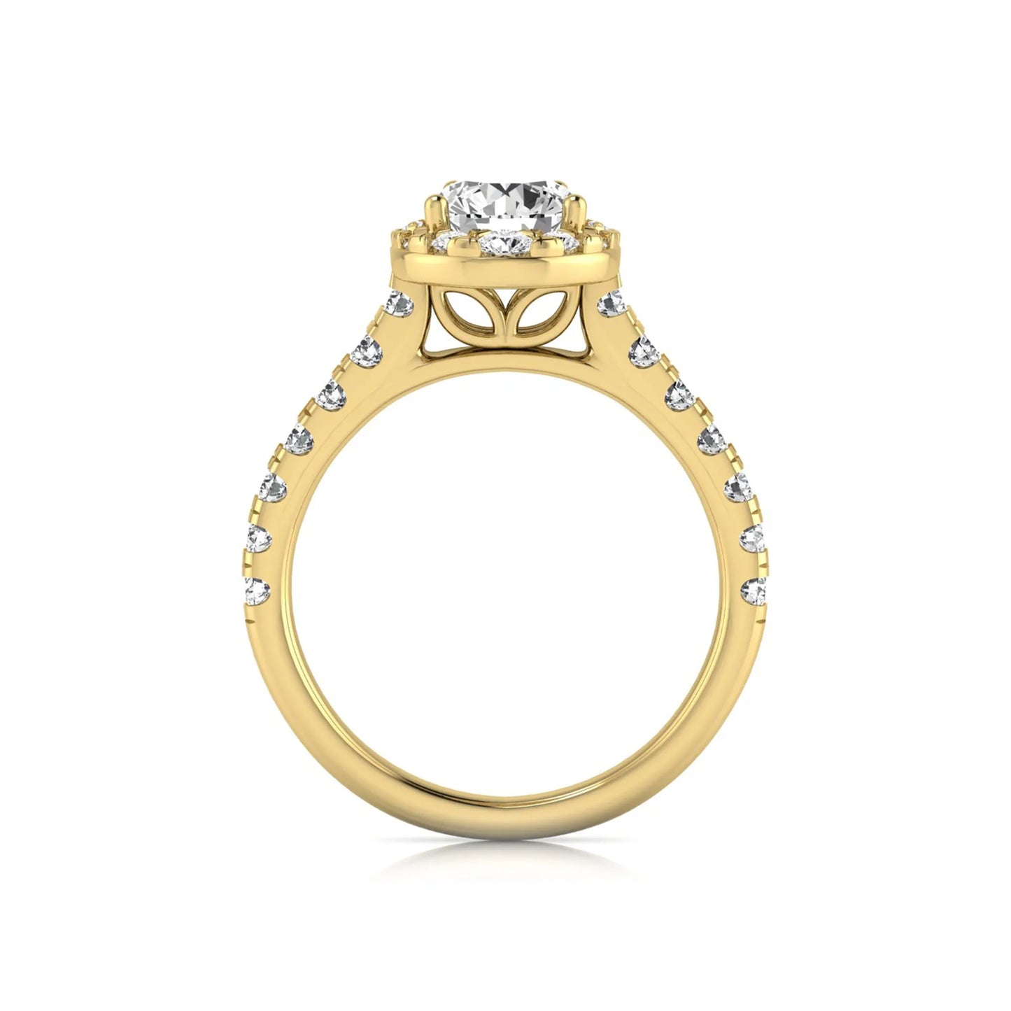 Round cut lab grown diamond engagement ring with a pear-shaped halo of round diamonds, pavé side stones, and a yellow gold style band.