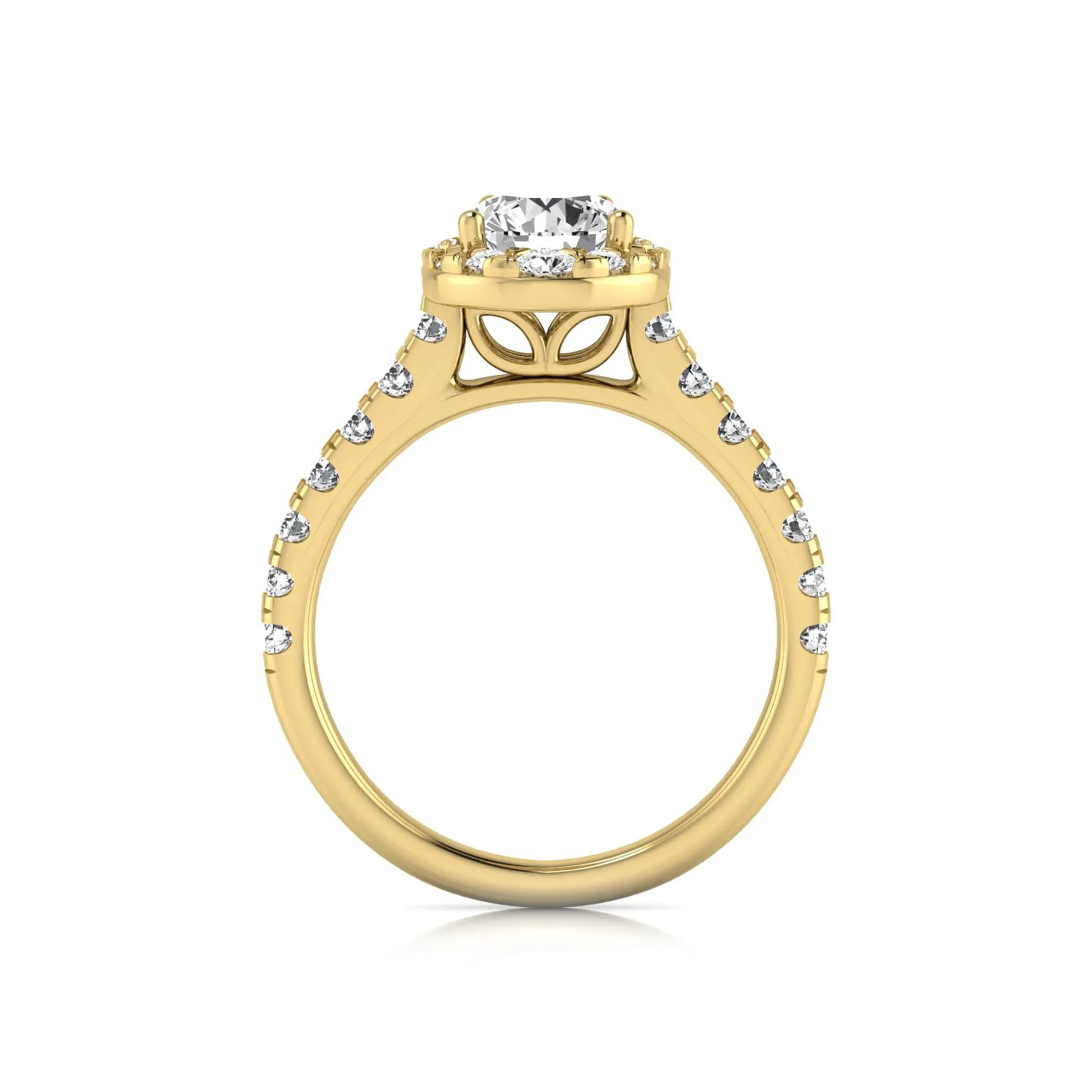 Round cut lab grown diamond engagement ring with a pear-shaped halo of round diamonds, pavé side stones, and a yellow gold style band.