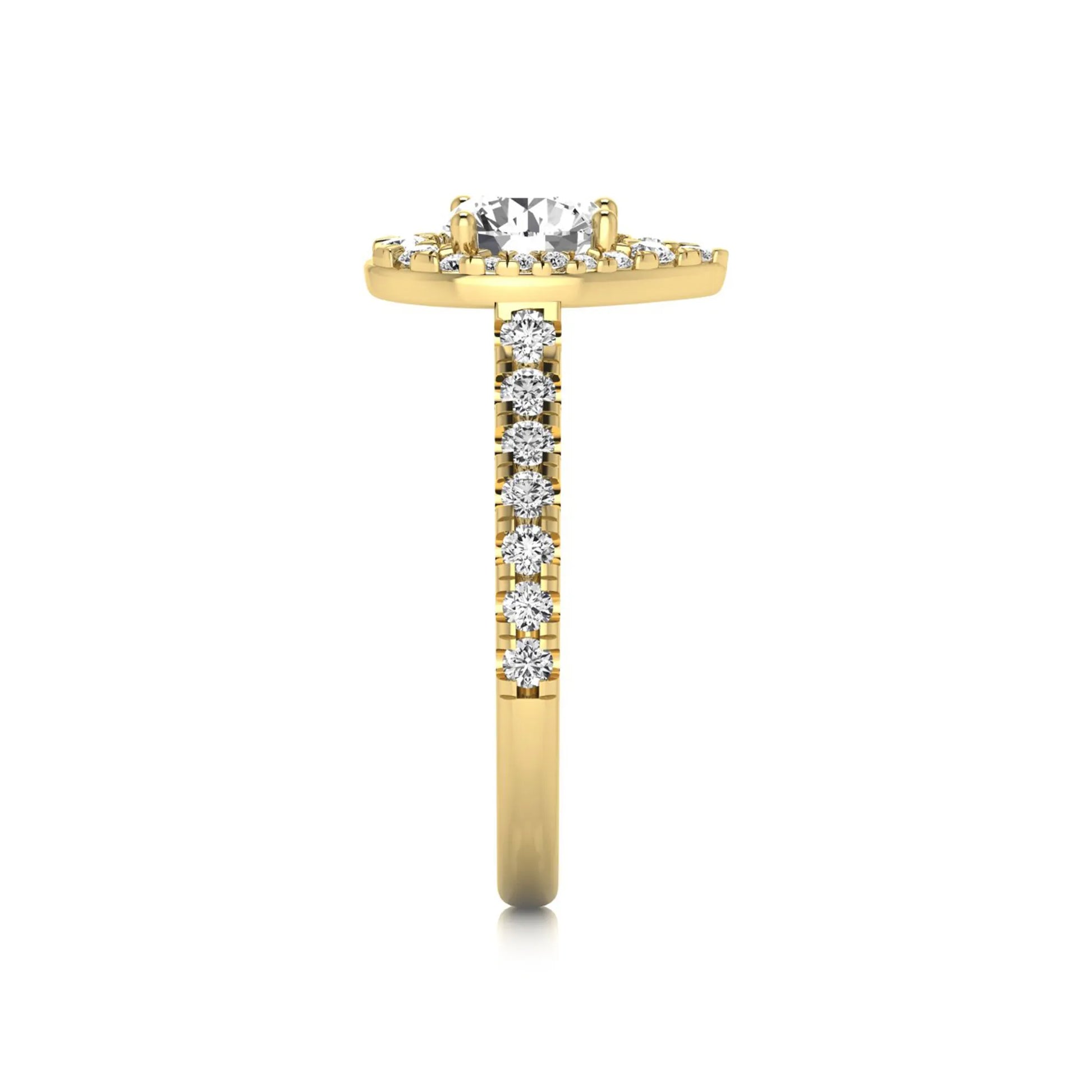 Round cut lab grown diamond engagement ring with a pear-shaped halo of round diamonds, pavé side stones, and a yellow gold style band.