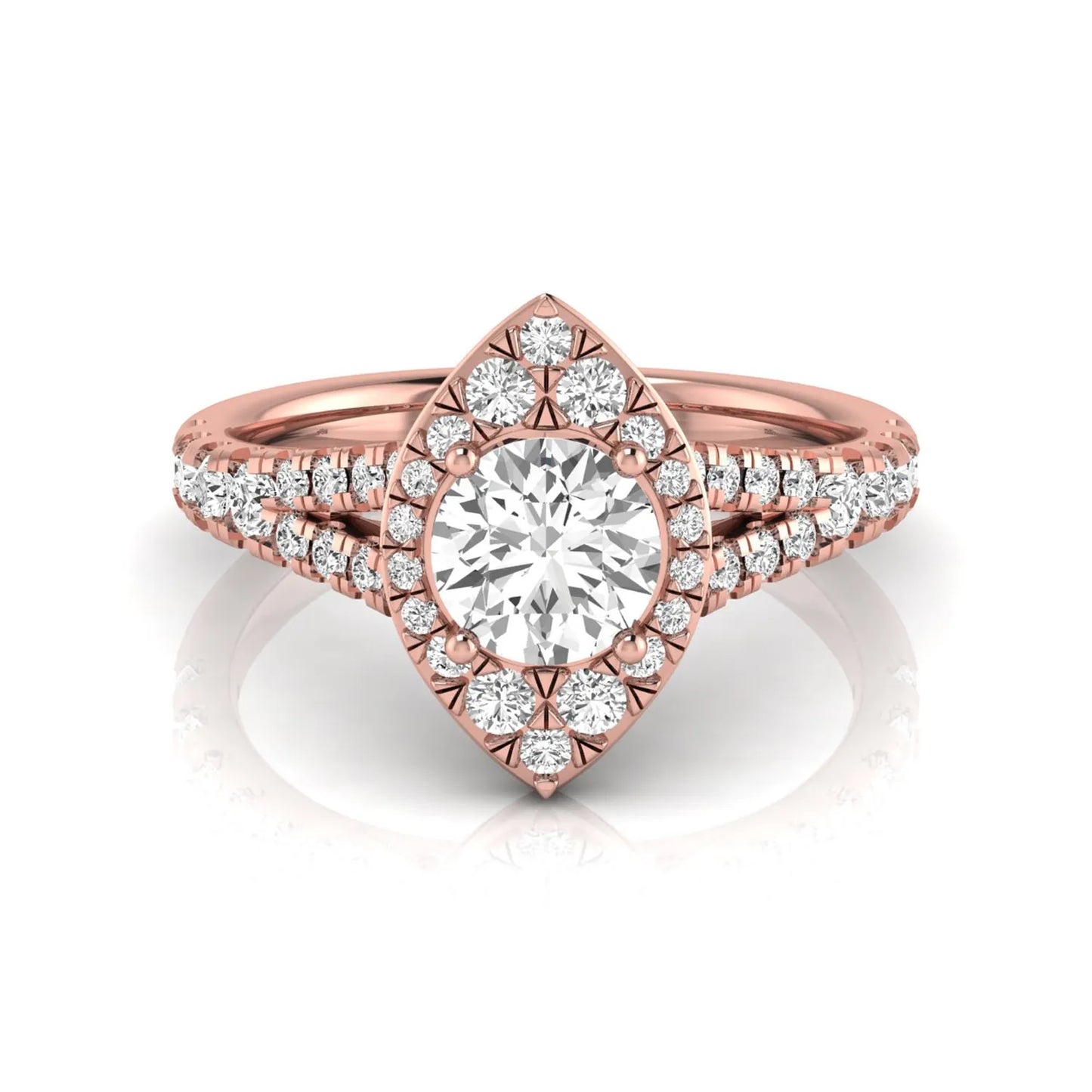 Round cut lab grown diamond engagement ring with a pear-shaped halo, split shank pavé band, and rose gold style.