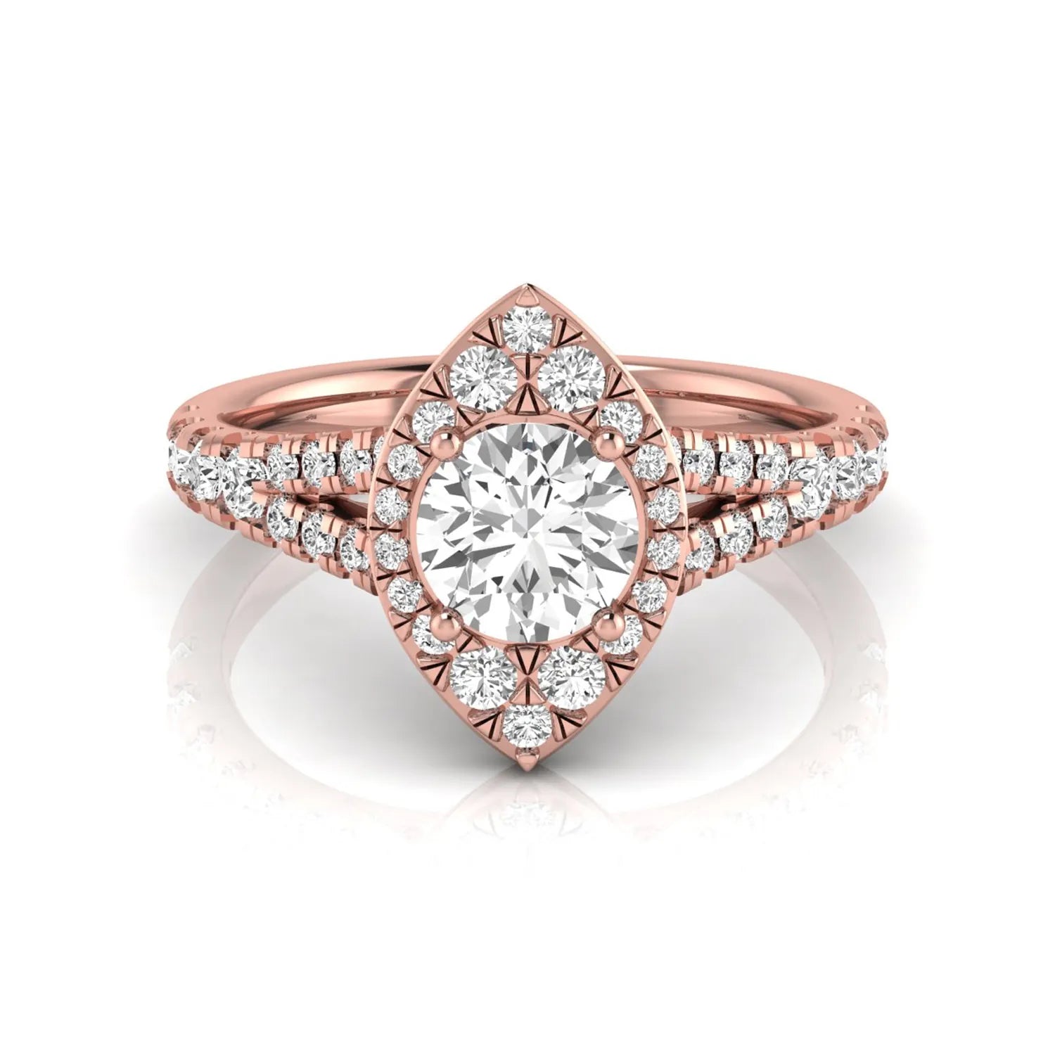 Round cut lab grown diamond engagement ring with a pear-shaped halo, split shank pavé band, and rose gold style.
