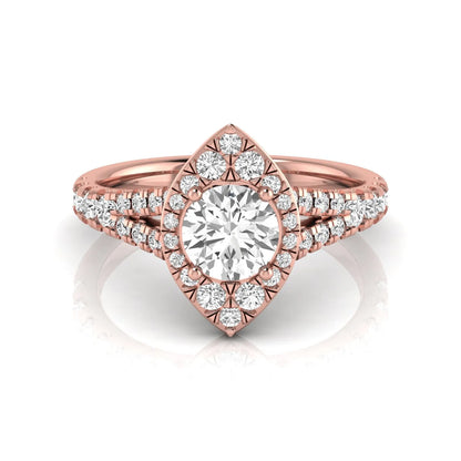 Round cut lab grown diamond engagement ring with a pear-shaped halo, split shank pavé band, and rose gold style.