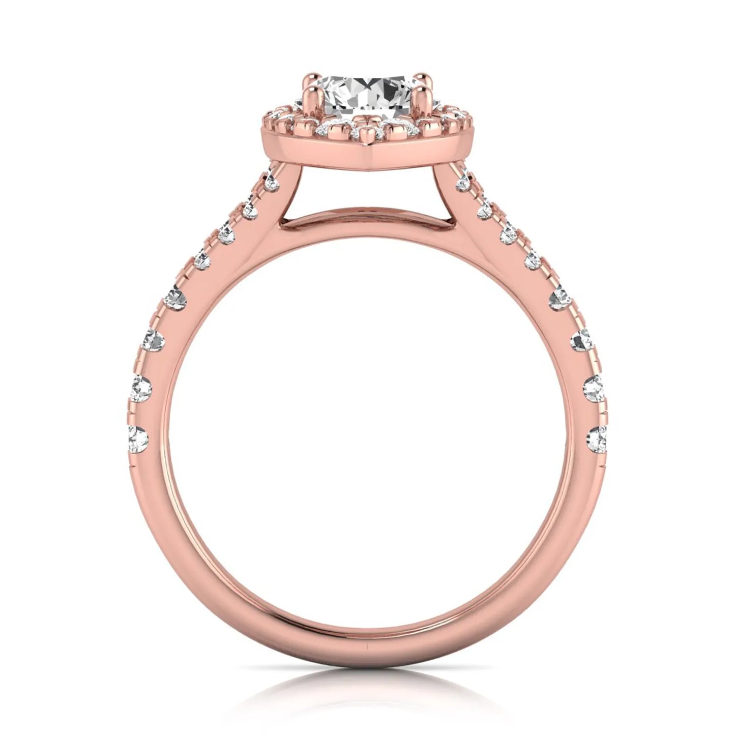 Round cut lab grown diamond engagement ring with a pear-shaped halo, split shank pavé band, and rose gold style.