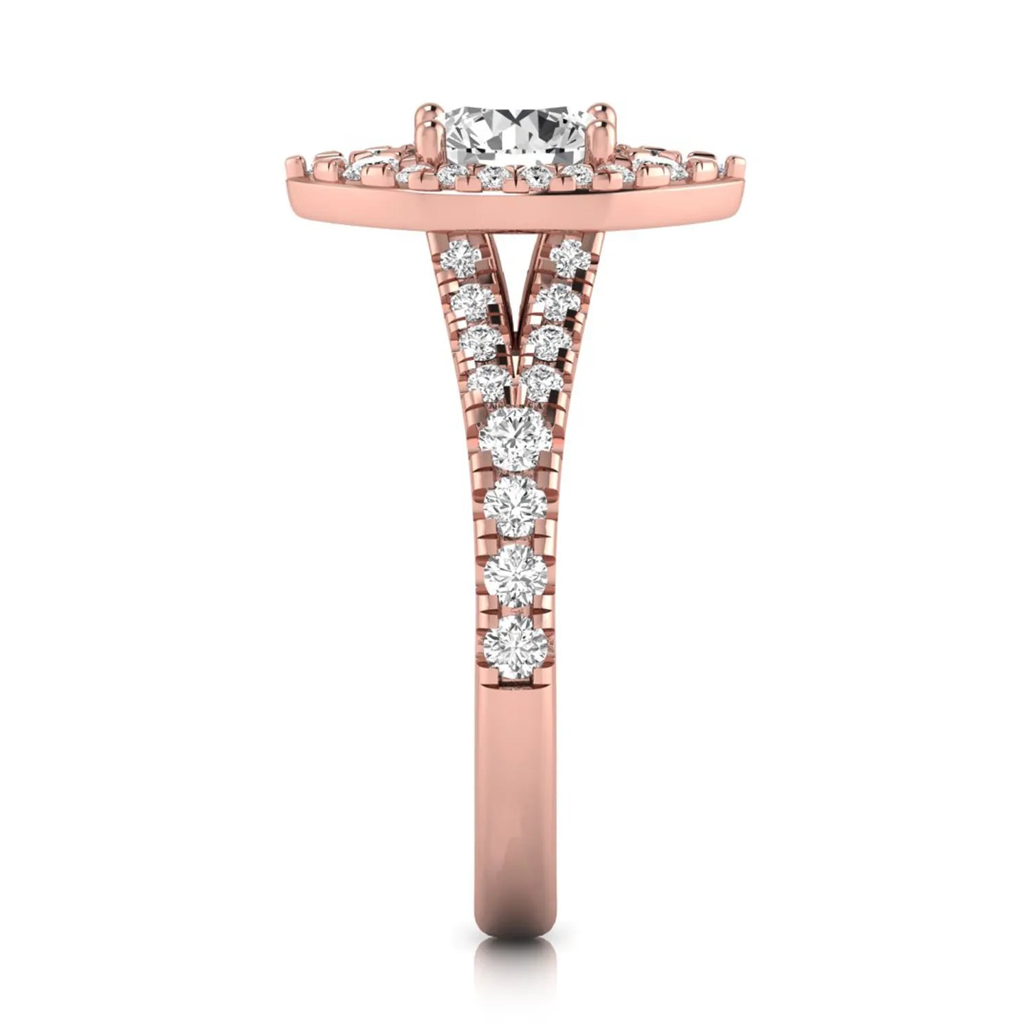 Round cut lab grown diamond engagement ring with a pear-shaped halo, split shank pavé band, and rose gold style.