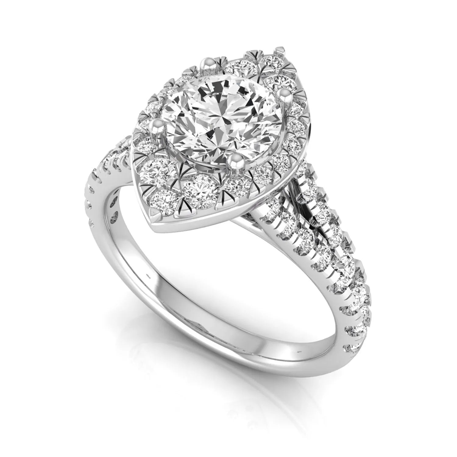 Round cut lab grown diamond engagement ring with a pear-shaped halo, split shank pavé band, and white gold style.