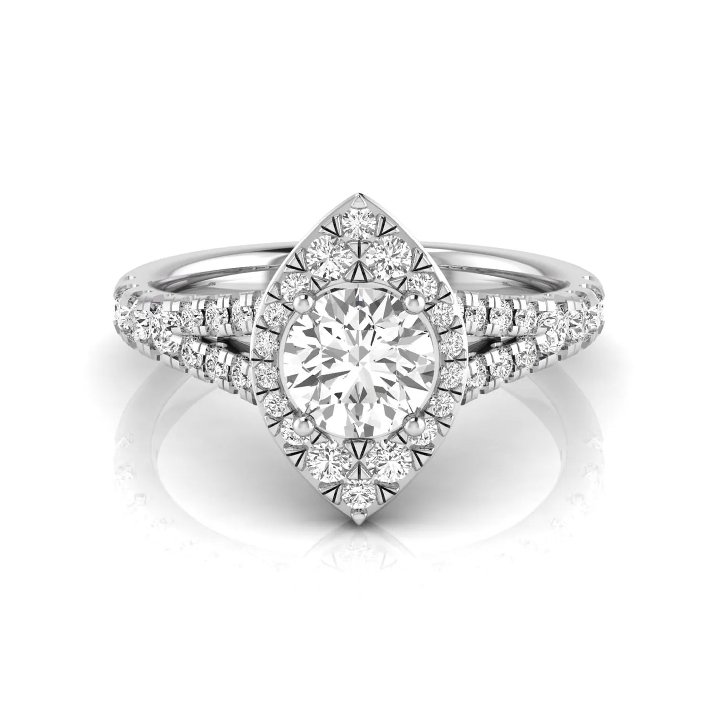 Round cut lab grown diamond engagement ring with a pear-shaped halo, split shank pavé band, and white gold style.