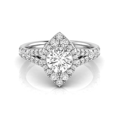 Round cut lab grown diamond engagement ring with a pear-shaped halo, split shank pavé band, and white gold style.