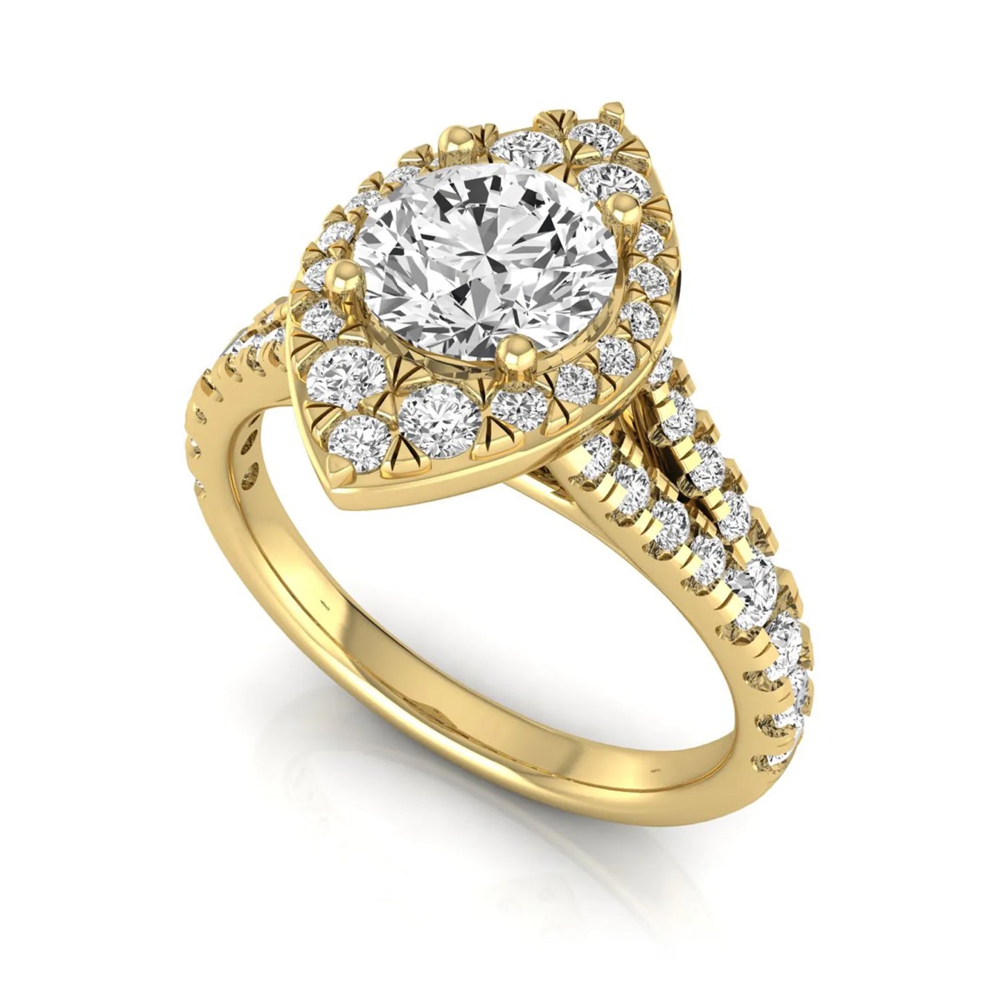 Round cut lab grown diamond engagement ring with a pear-shaped halo, split shank pavé band, and yellow gold style.