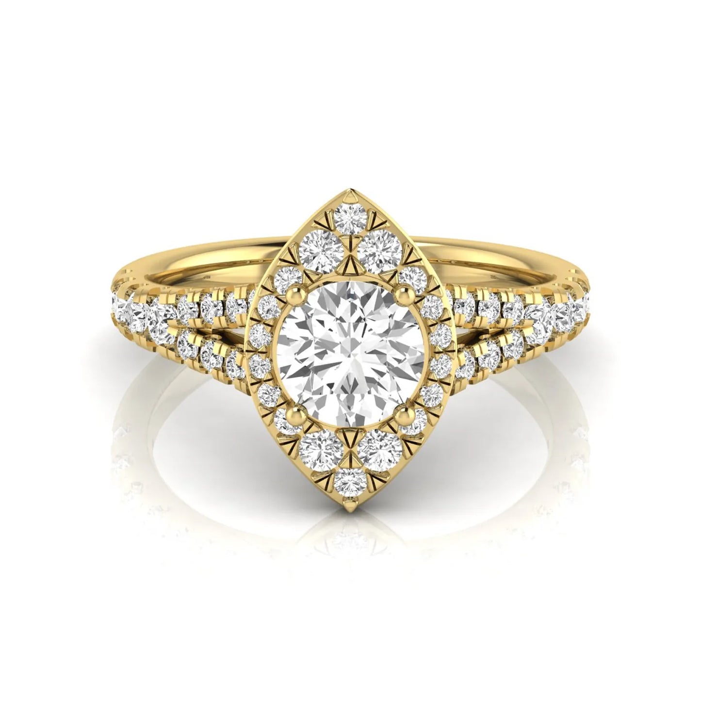 Round cut lab grown diamond engagement ring with a pear-shaped halo, split shank pavé band, and yellow gold style.