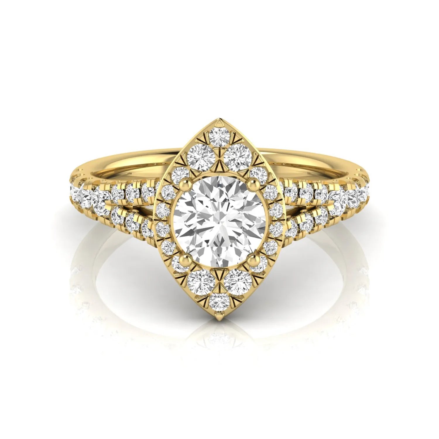 Round cut lab grown diamond engagement ring with a pear-shaped halo, split shank pavé band, and yellow gold style.