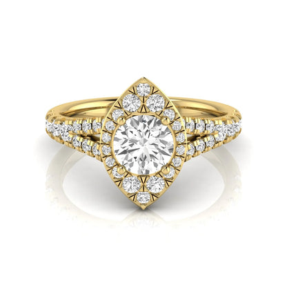 Round cut lab grown diamond engagement ring with a pear-shaped halo, split shank pavé band, and yellow gold style.