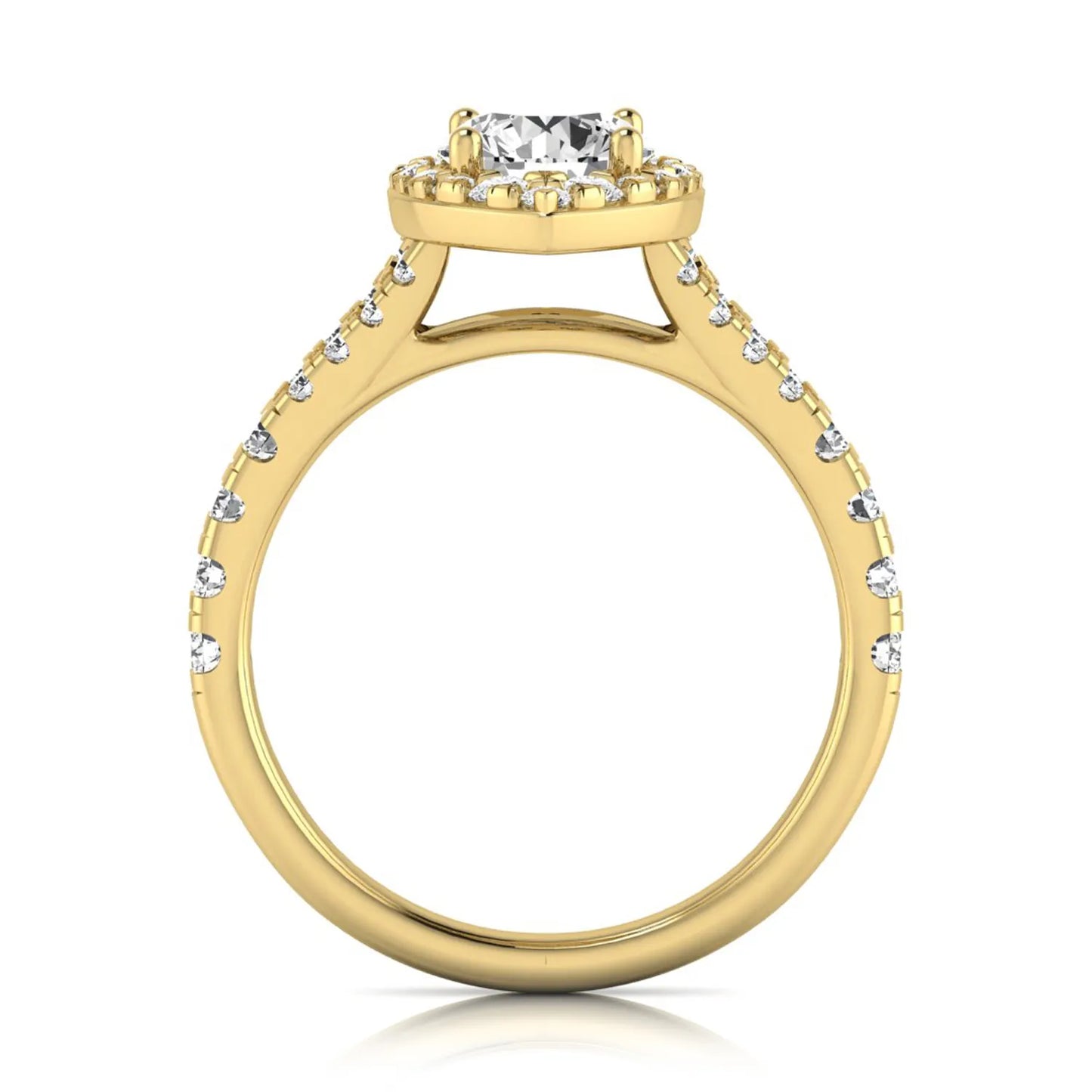 Round cut lab grown diamond engagement ring with a pear-shaped halo, split shank pavé band, and yellow gold style.