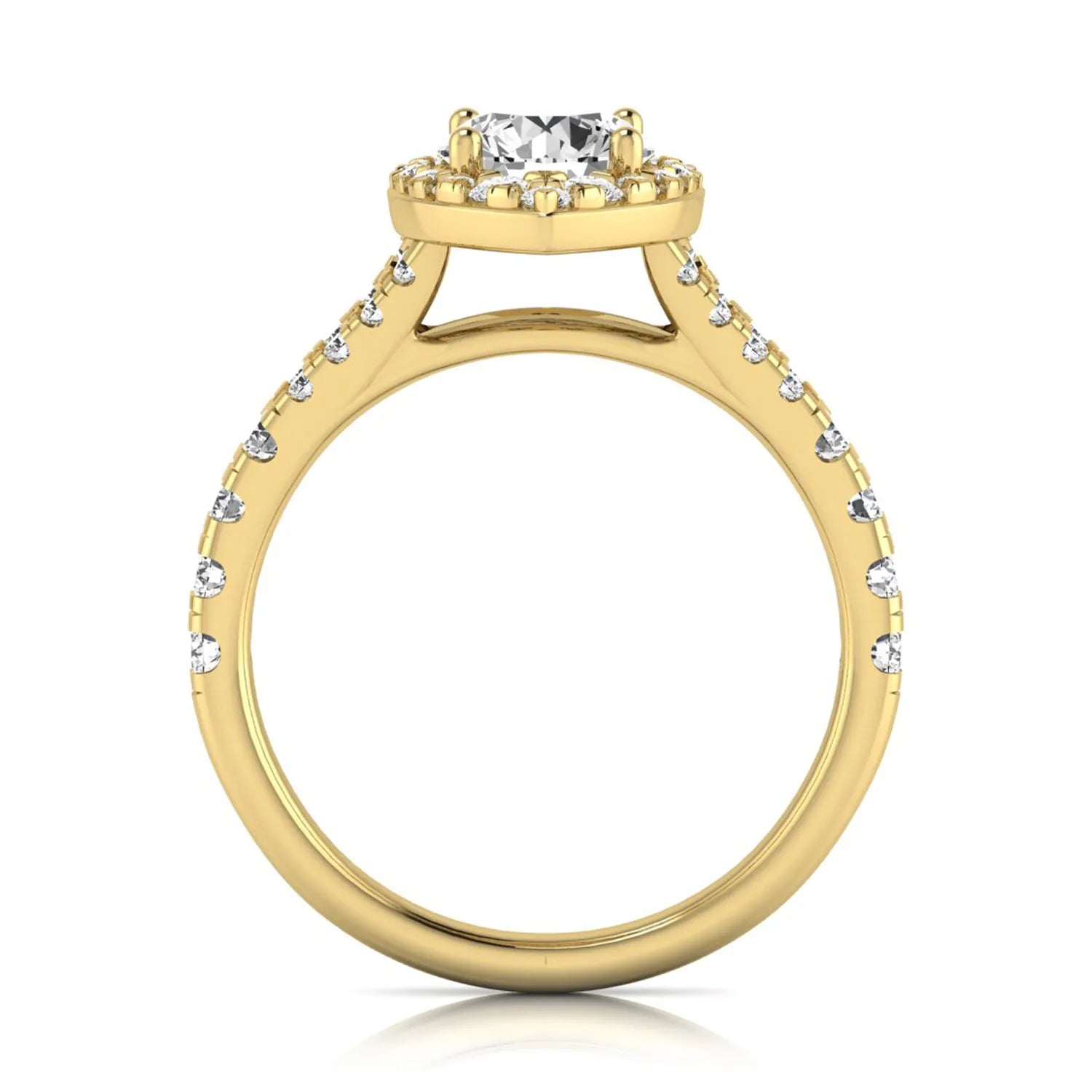 Round cut lab grown diamond engagement ring with a pear-shaped halo, split shank pavé band, and yellow gold style.